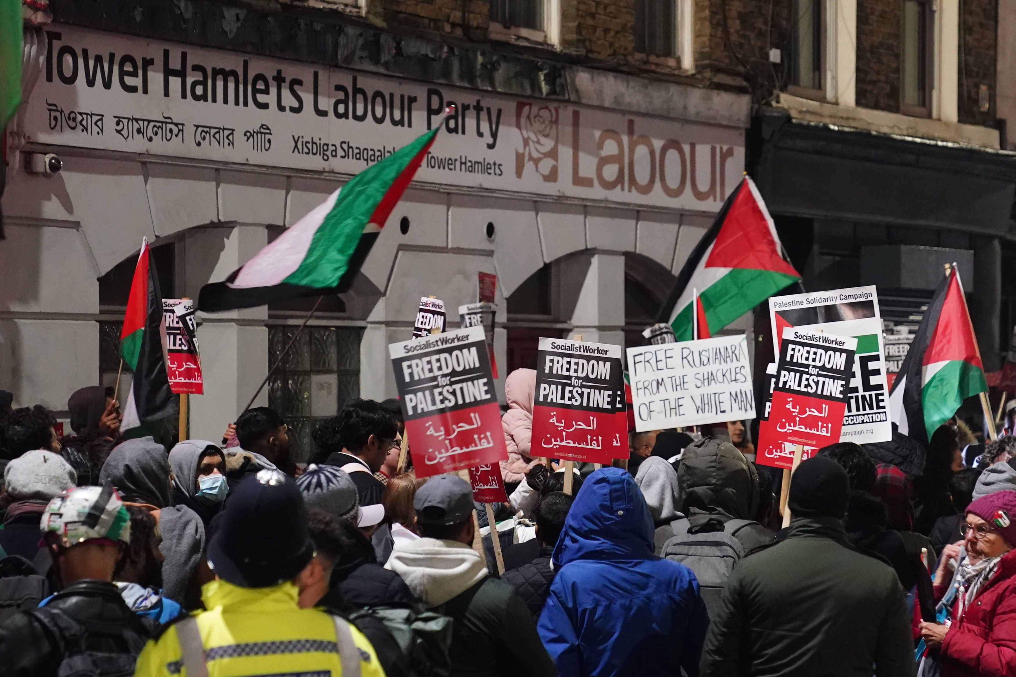 Protest outside the office of the Tower Hamlets Labour Party against the party’s stance on the war in Gaza