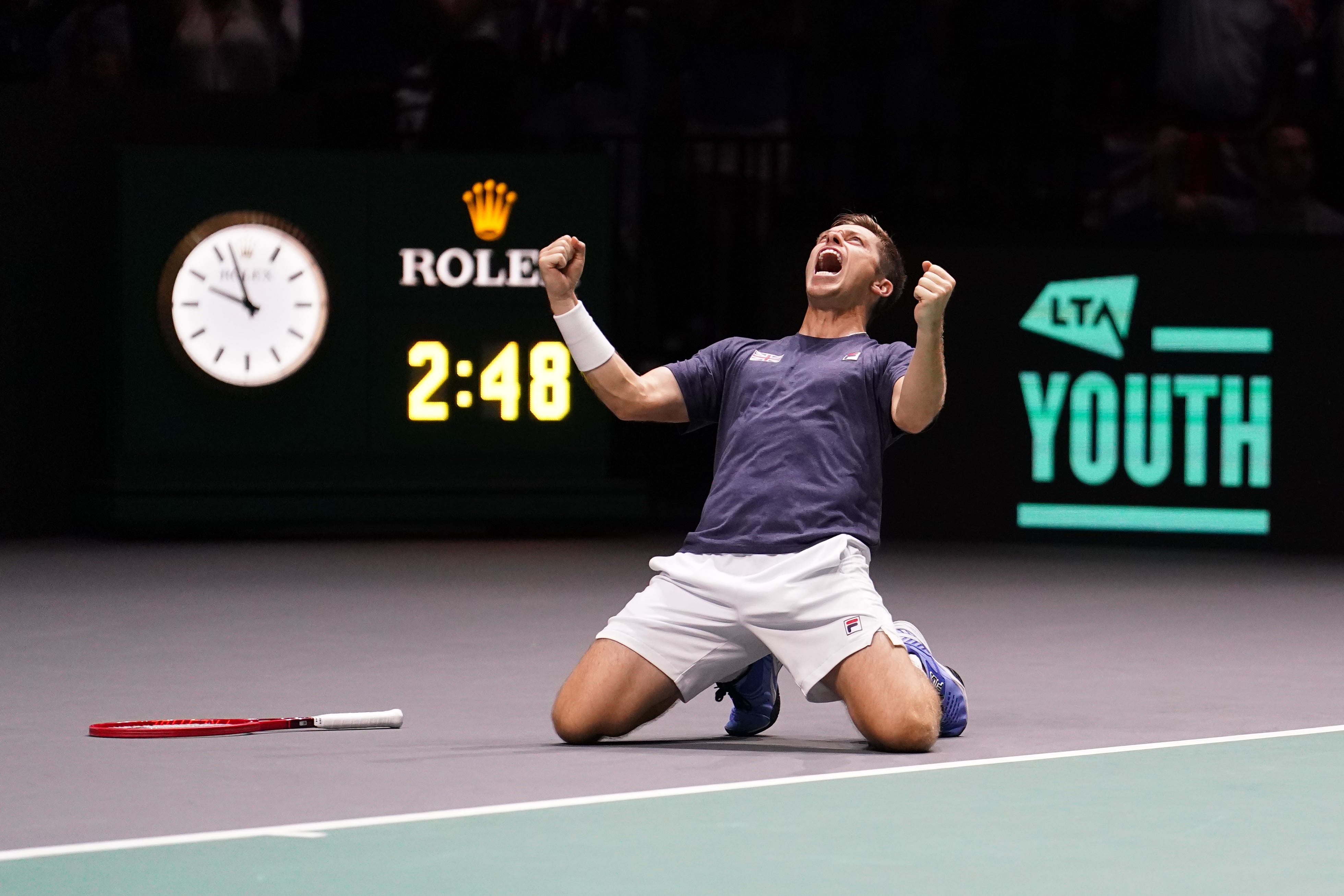 Neal Skupski celebrates victory against France in Manchester last September (Martin Rickett/PA)