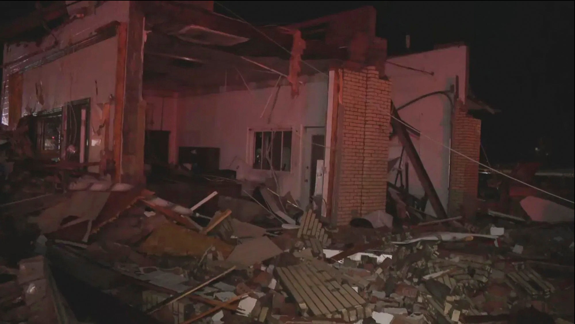 In this image taken from video provided by WSYX, damage from a severe weather system is seen in Lakeview, Ohio