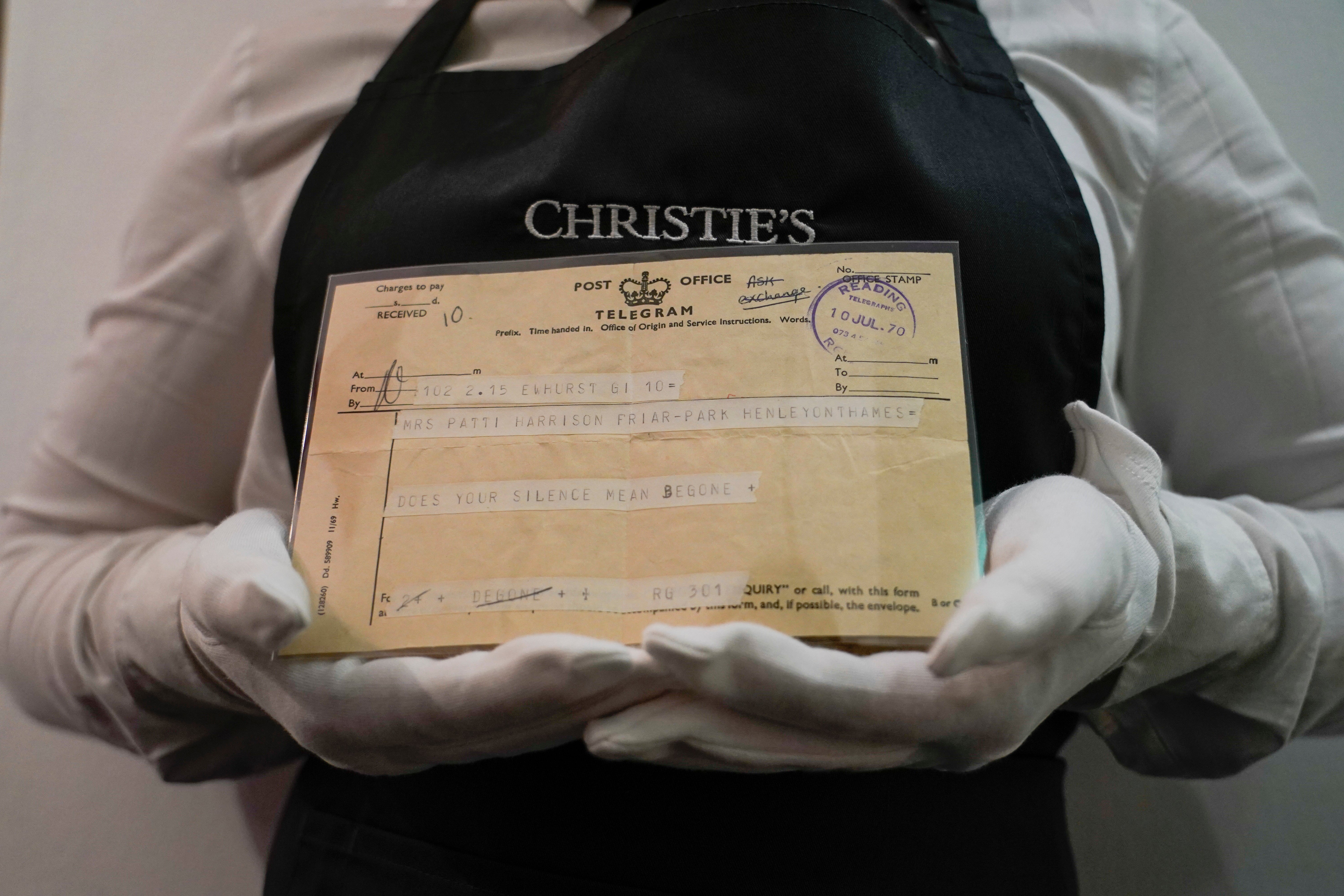 A telegram sent from Eric Clapton to Patti Boyd, auctioned by Christie’s earlier this year