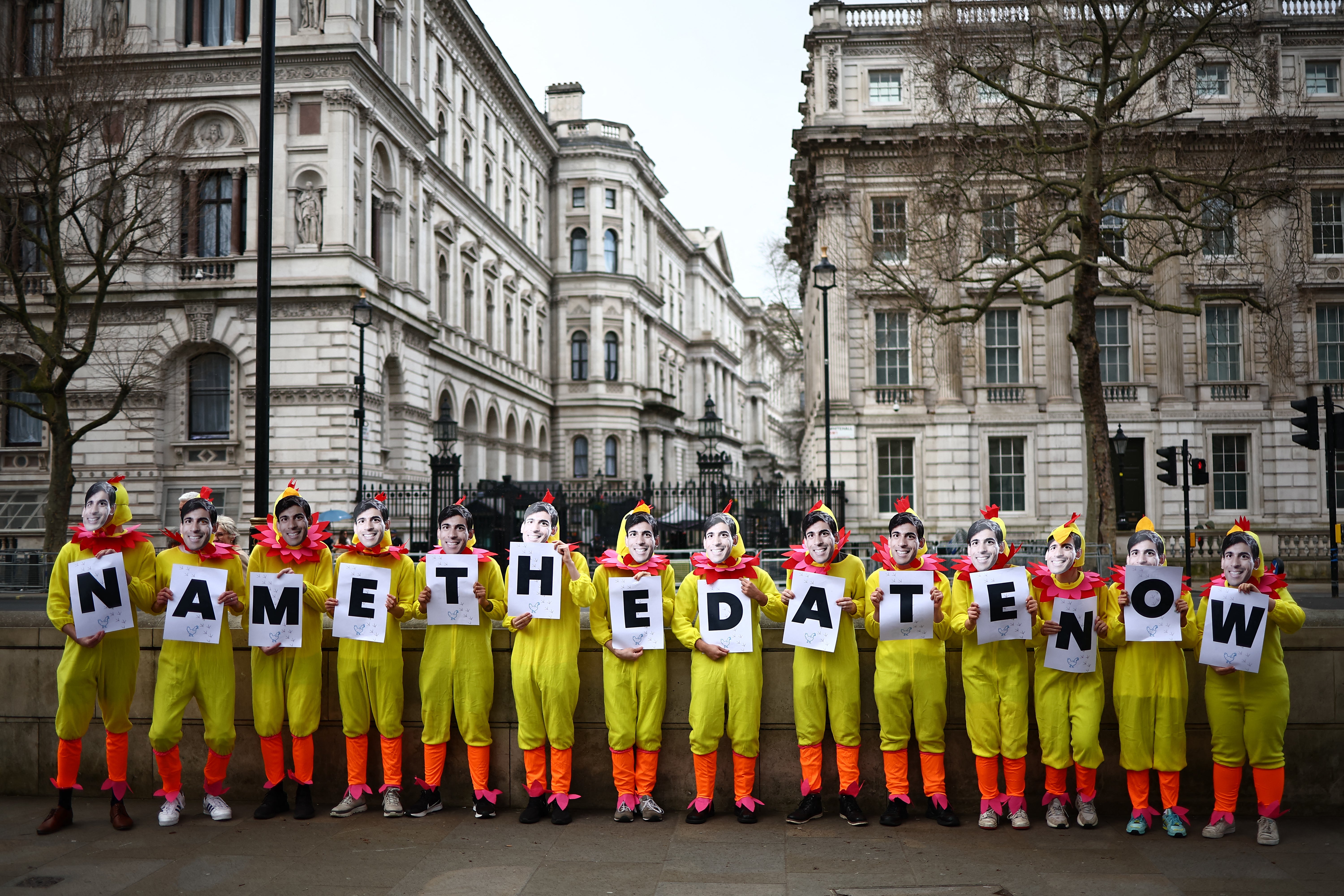 Labour activists staged a protest outside Downing Street calling for the prime minister to name the date for a general election