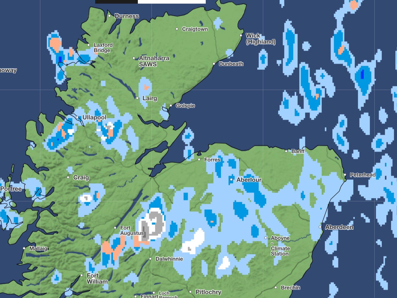 The white and grey spots represent snow fall on this forecast for Friday evening
