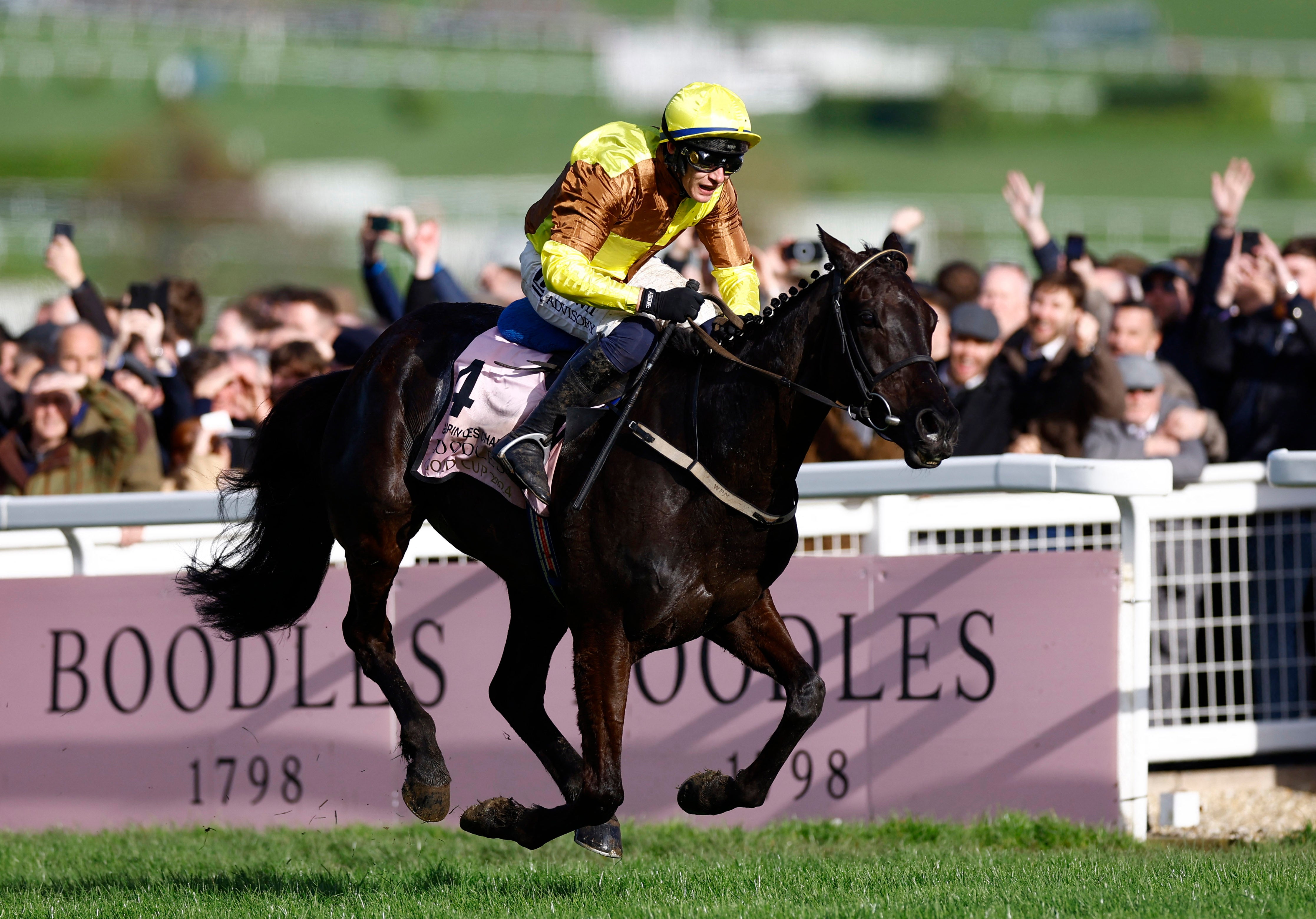 Galopin Des Champs gallops up the final straight to win back-to-back Gold Cups