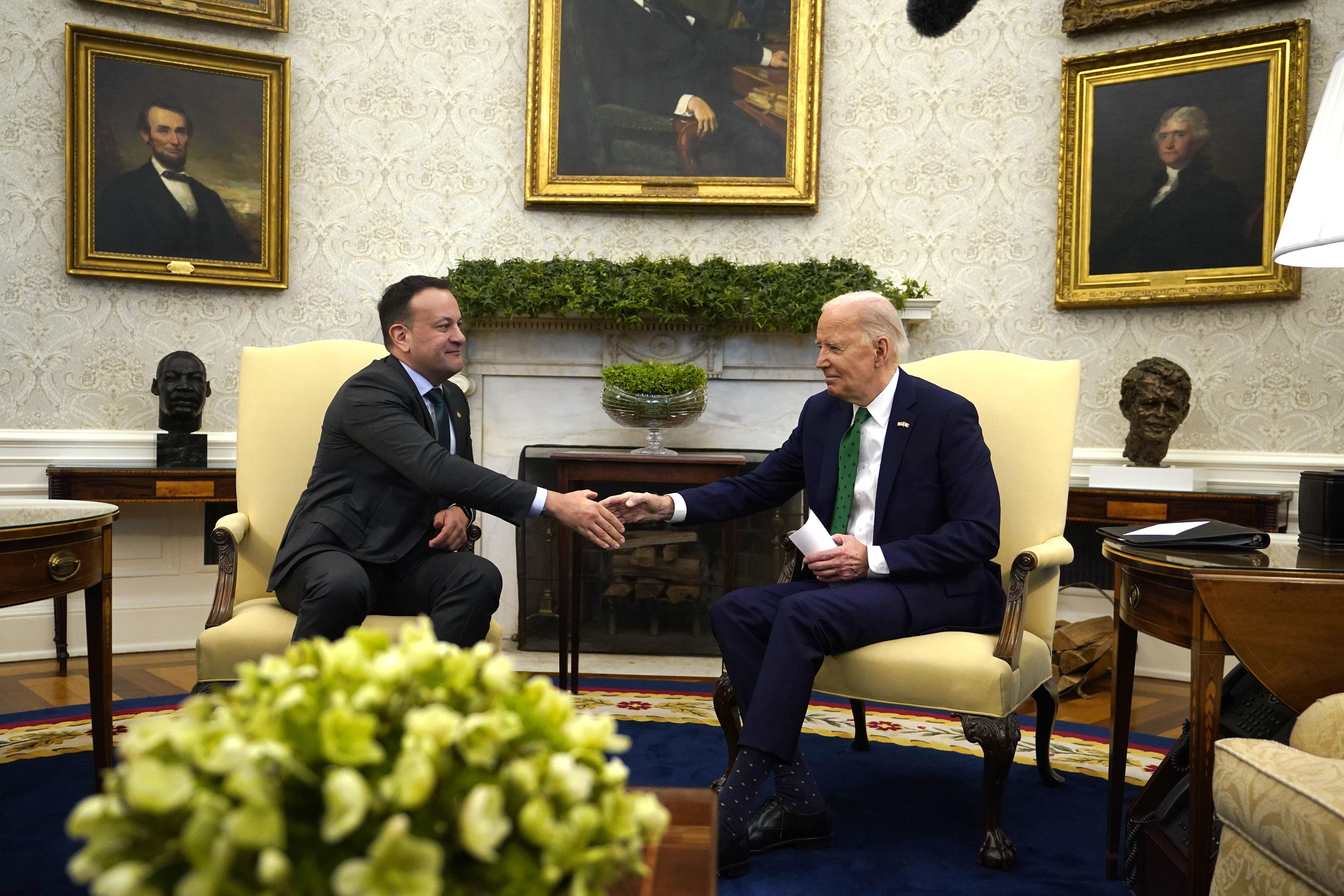 Taoiseach Leo Varadkar (left) at a bilateral meeting with President Joe Biden in the Oval Office at the White House in Washington, DC, during his visit to the US for St Patrick’s Day. Picture date: Friday March 15, 2024.