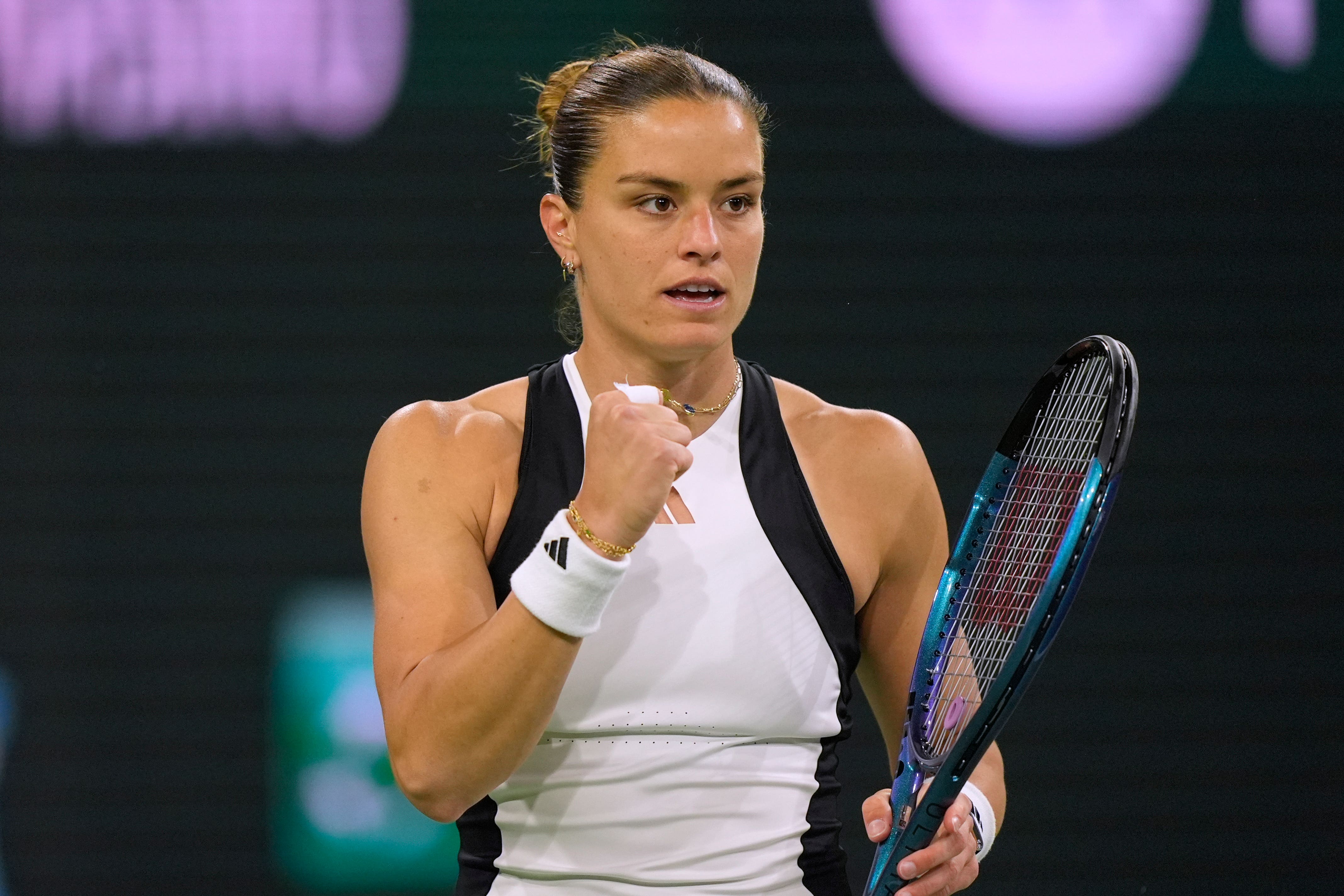 Maria Sakkari reacts after winning the set against Coco Gauff (Ryan Sun/AP)