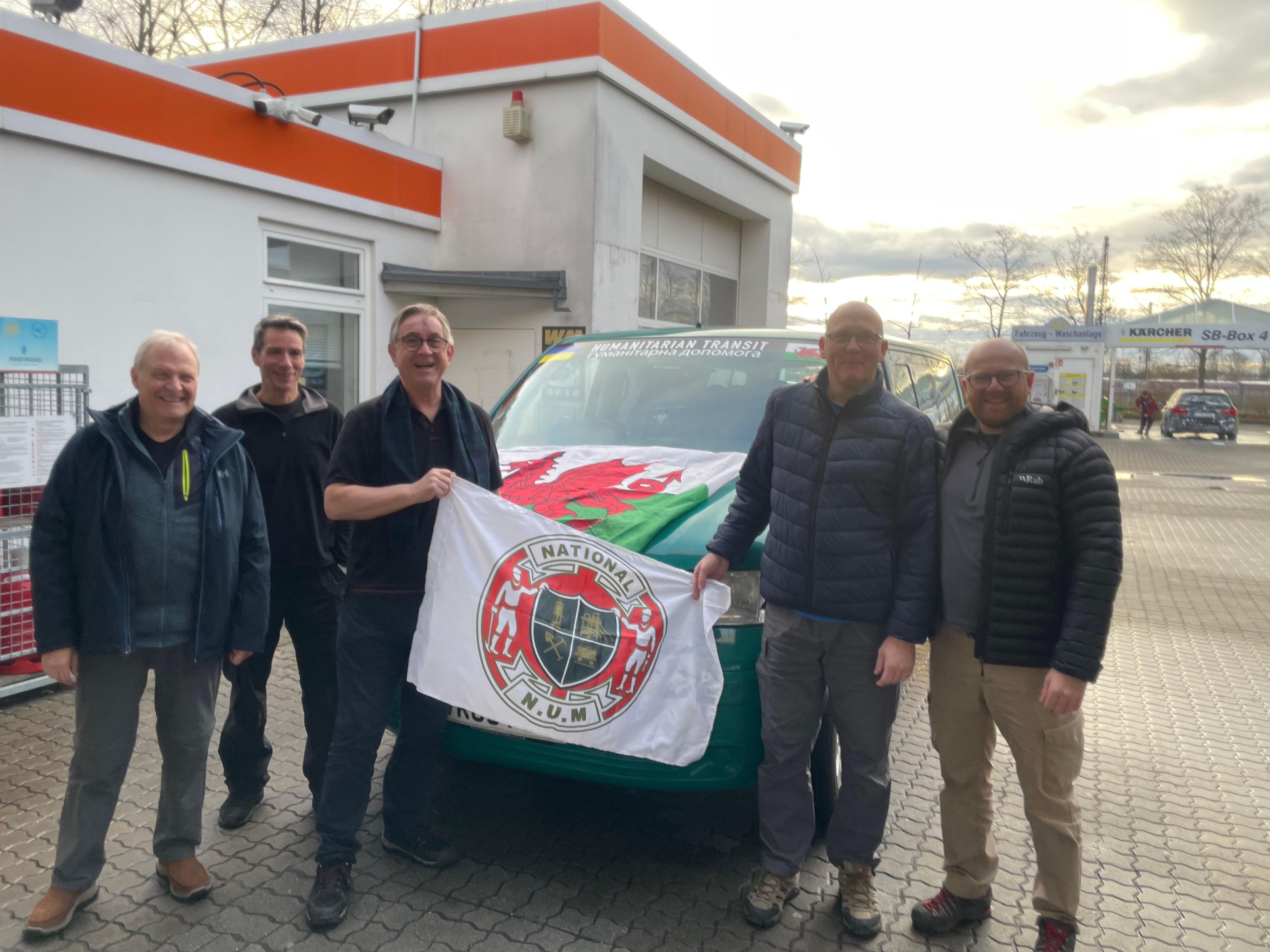 (From left to right): Roman Kozak, Jan Michaelis, Mick Antoniw, Wayne Thomas and Carwyn Donovan in Poland en route to Ukraine