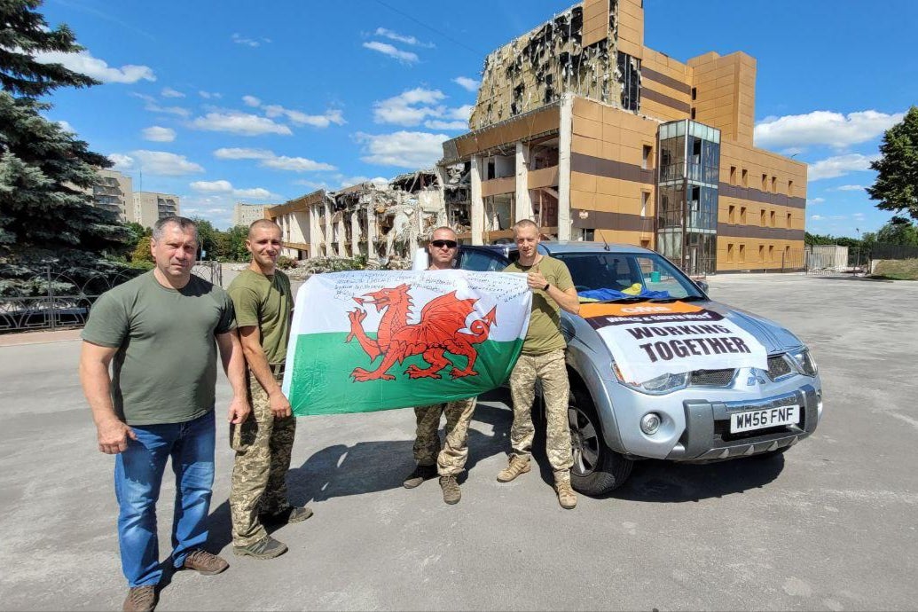 Soldiers from a miners’ union with a vehicle donated in the Welsh convoy – near the frontline in southeastern Ukraine