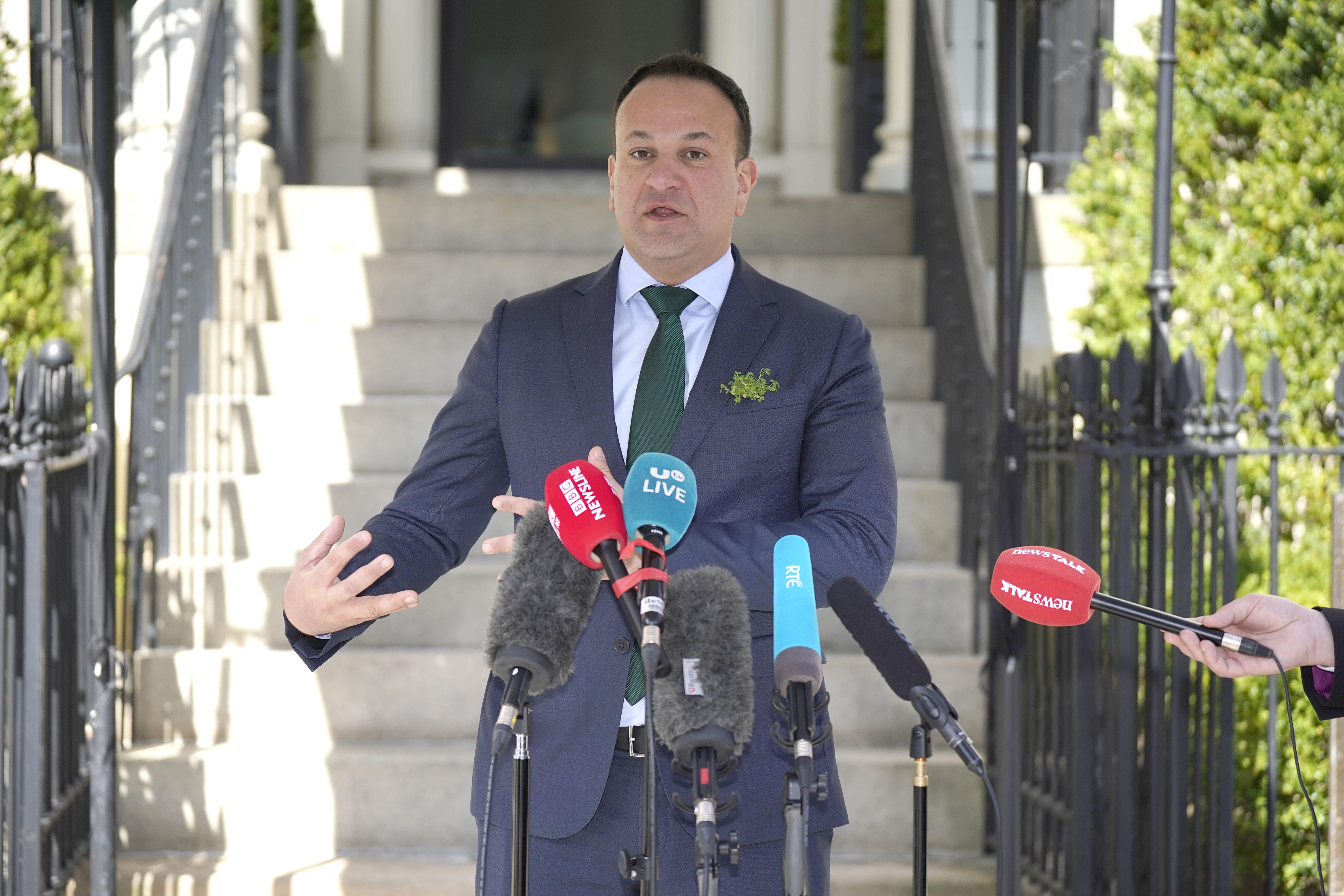 Taoiseach Leo Varadkar speaking to the media at Blair House in Washington DC, during his visit to the US for St Patrick’s Day (Niall Carson/PA)