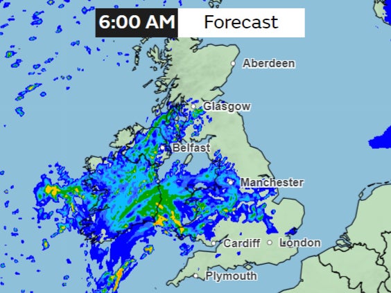 Rainfall forecast for Wednesday morning shows rain entering from southwest bringing heavier showers at times