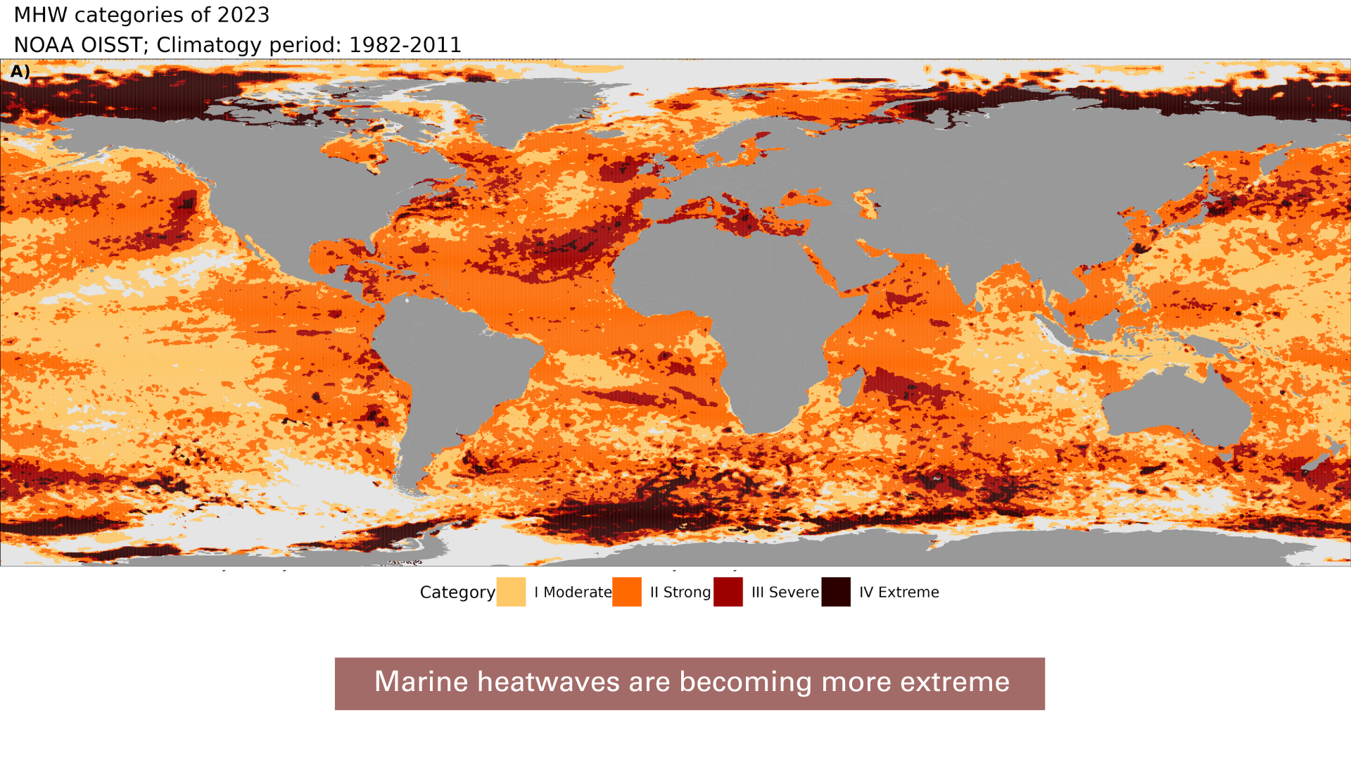 Chart shows areas of ocean under heatwave in 2023 with light grey indicating no marine heatwave and deep maroon showing extreme temperatures