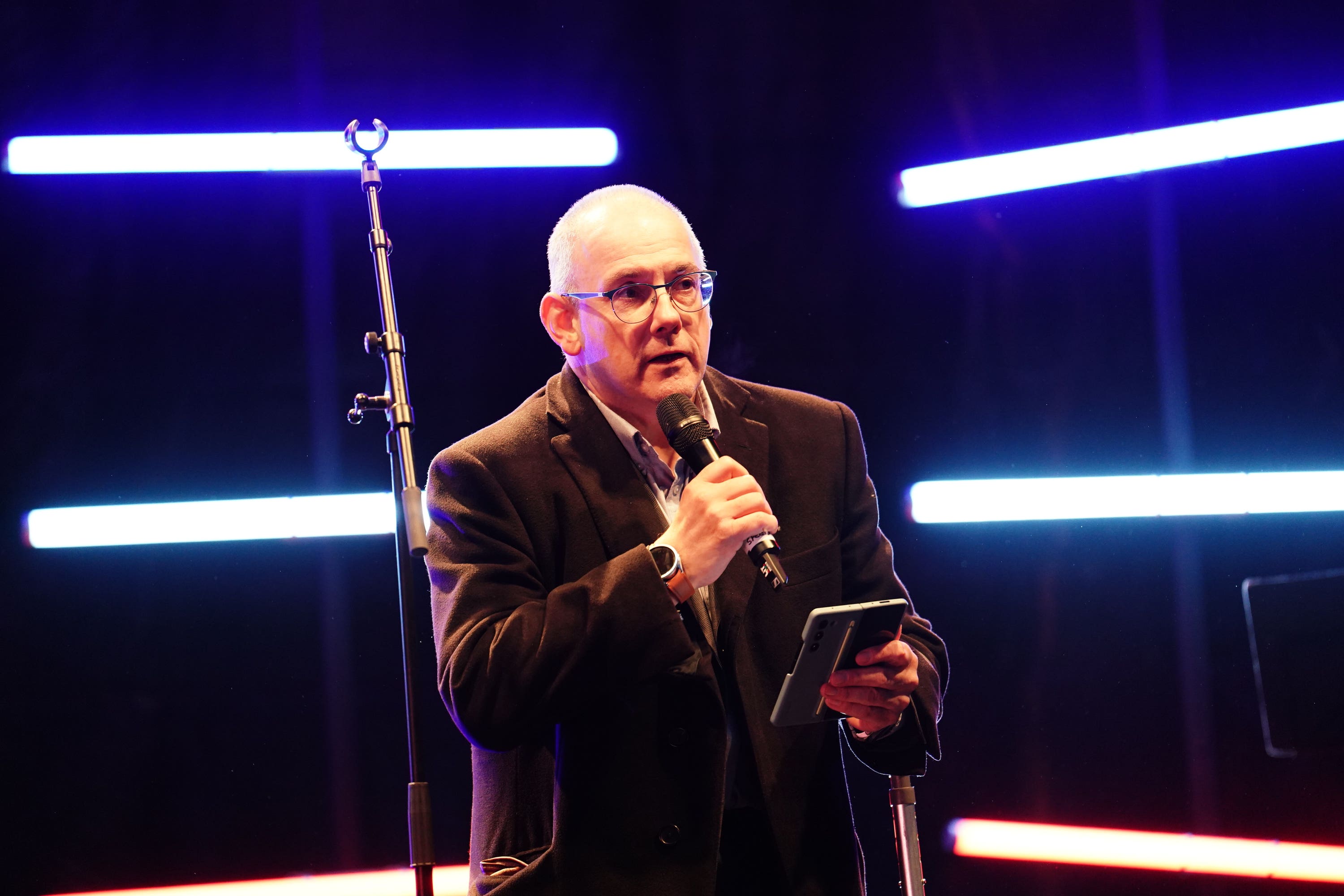 Robert Halfon the Conservative MP for Harlow speaks at a rally against antisemitism organised by the volunteer-led charity Campaign Against Antisemitism in Westminster (Jordan Pettitt/PA)