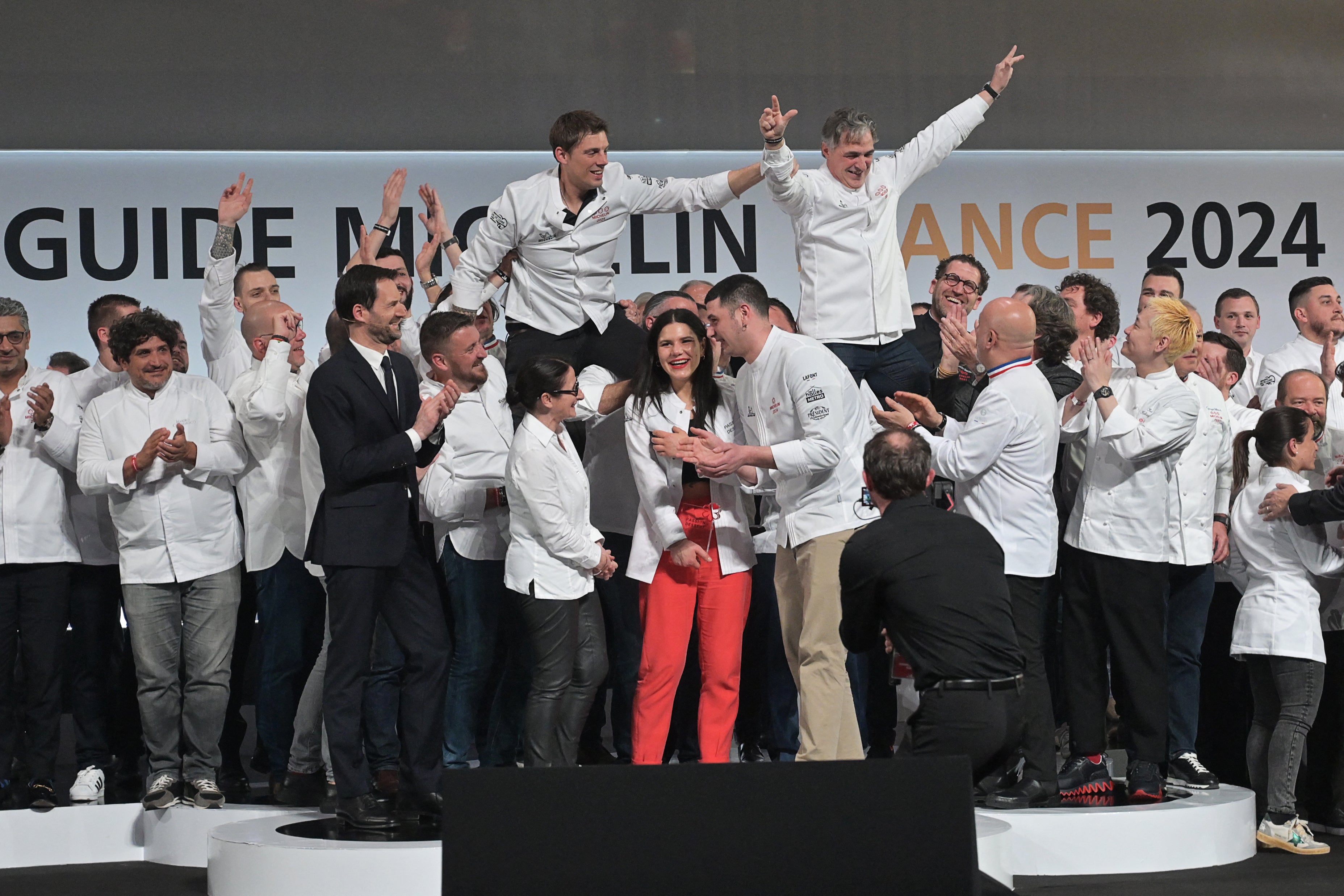 Chefs celebrating their stars at the Michelin Guide for France awards ceremony on Monday