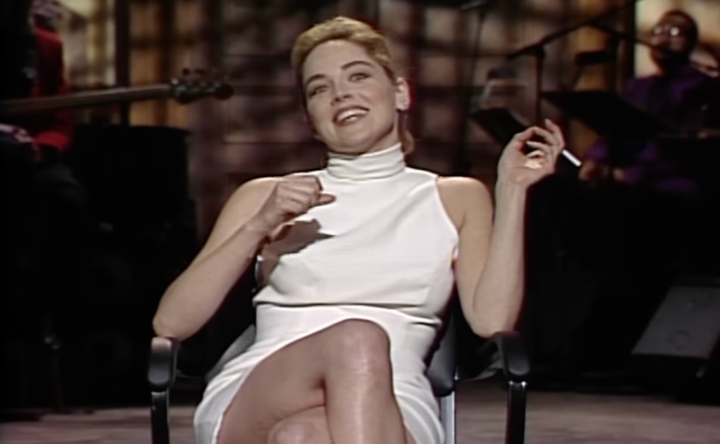 Sharon Stone giving her opening monologue on ‘SNL’