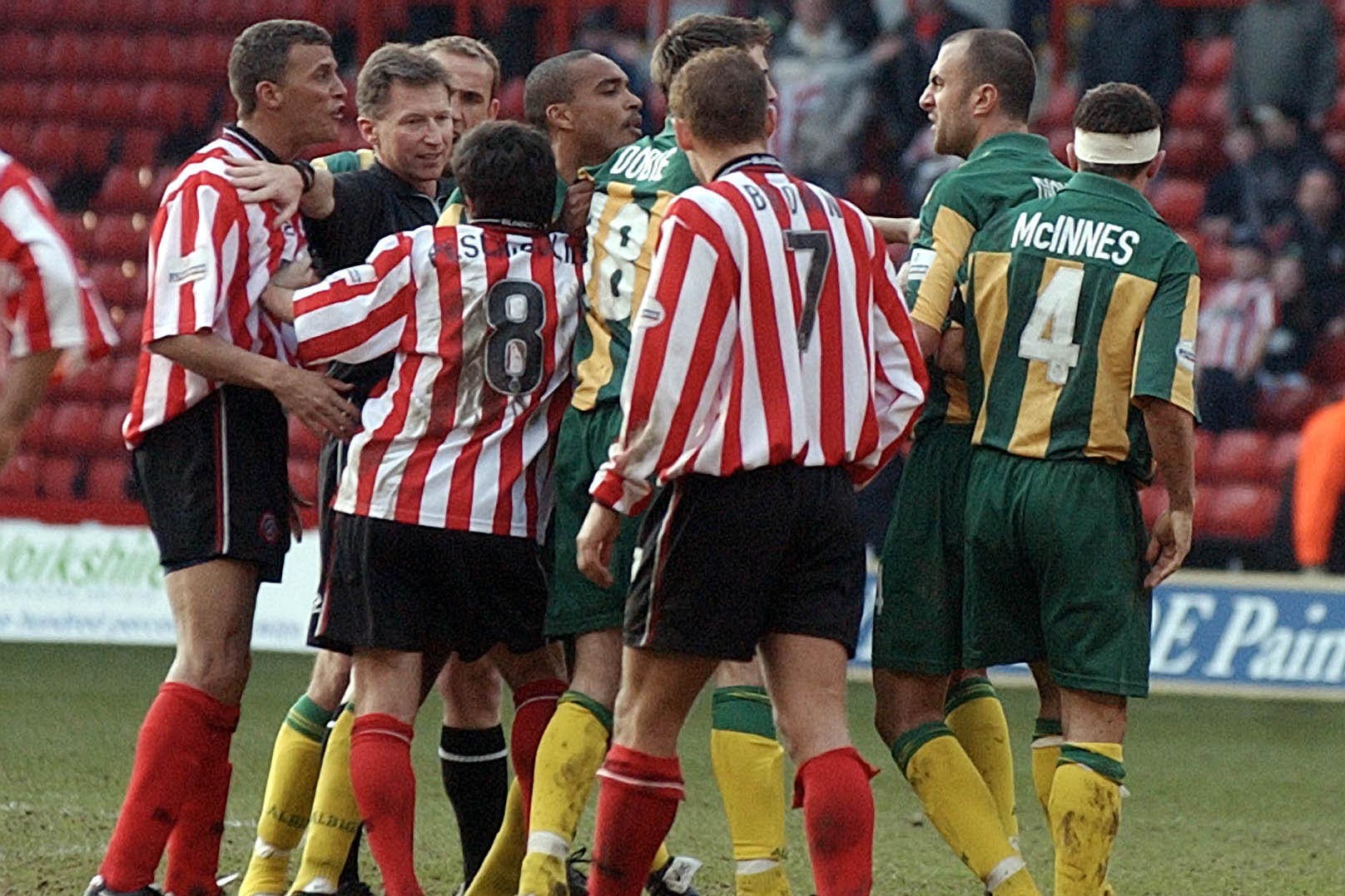 Referee Eddie Wolstenholme was caught in the middle of a melee between Sheffield United and West Brom players at the ‘Battle of Bramall Lane’ (PA)