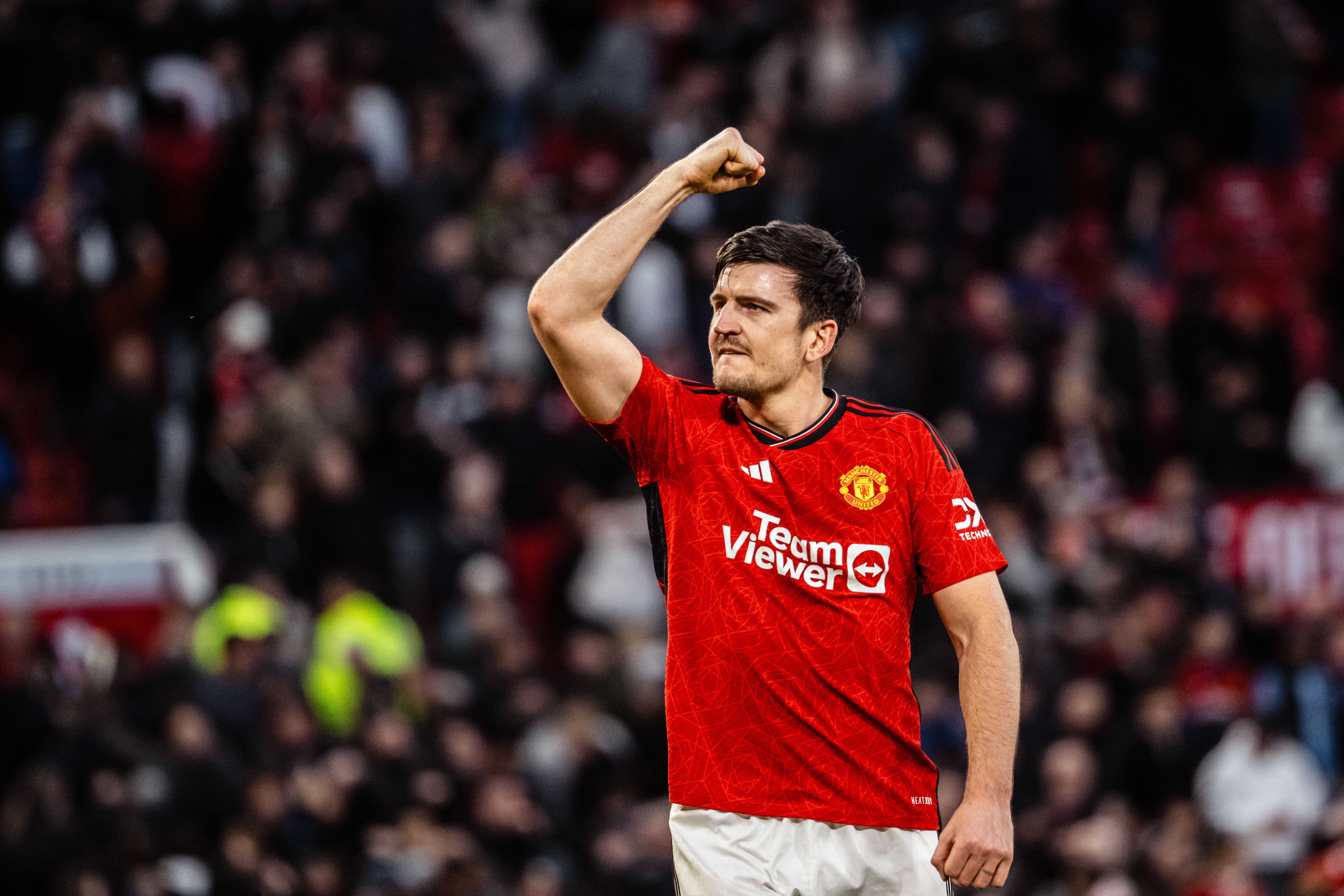 Harry Maguire celebrates Manchester United’s thrilling win over Liverpool