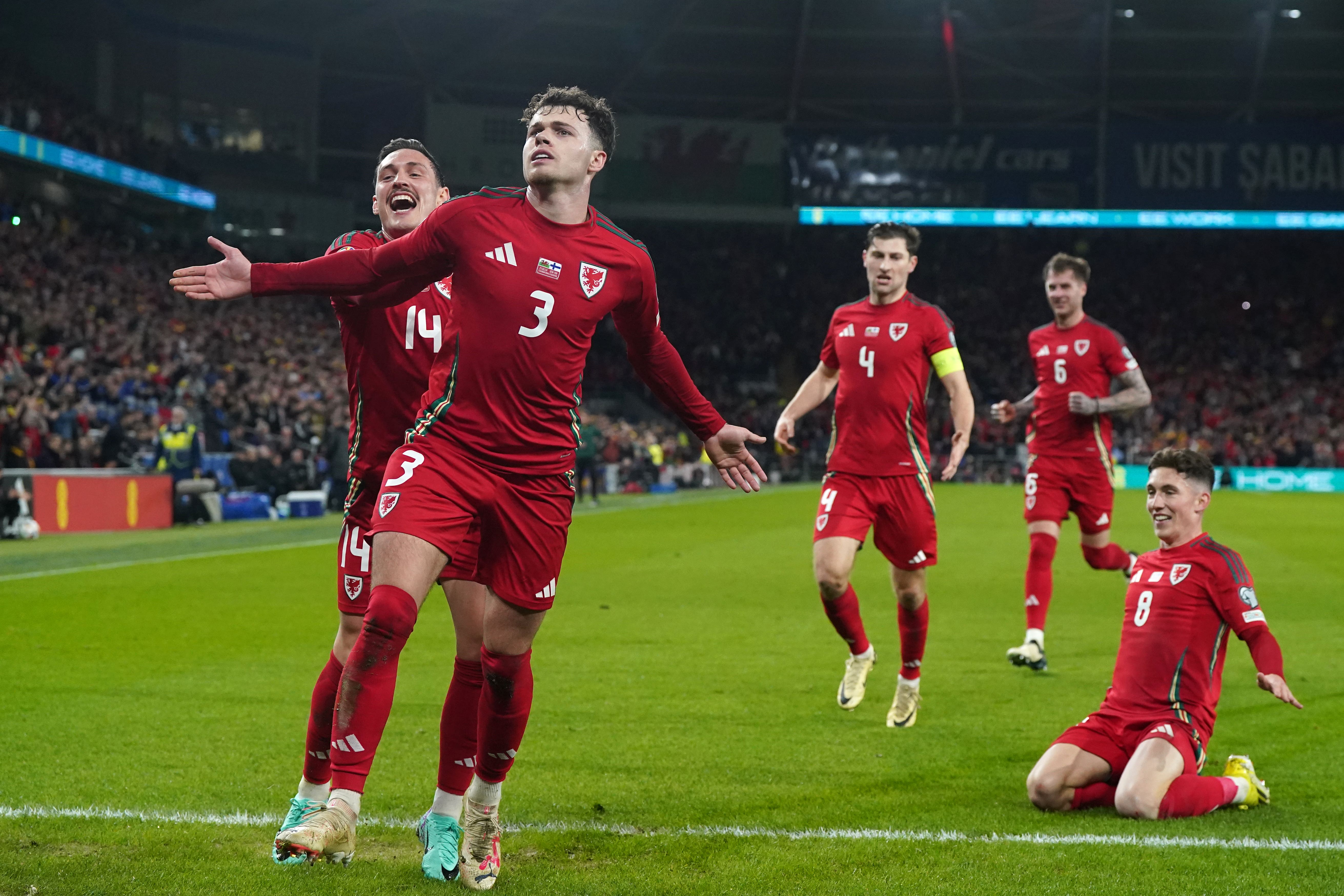 Wales celebrate scoring against Finland