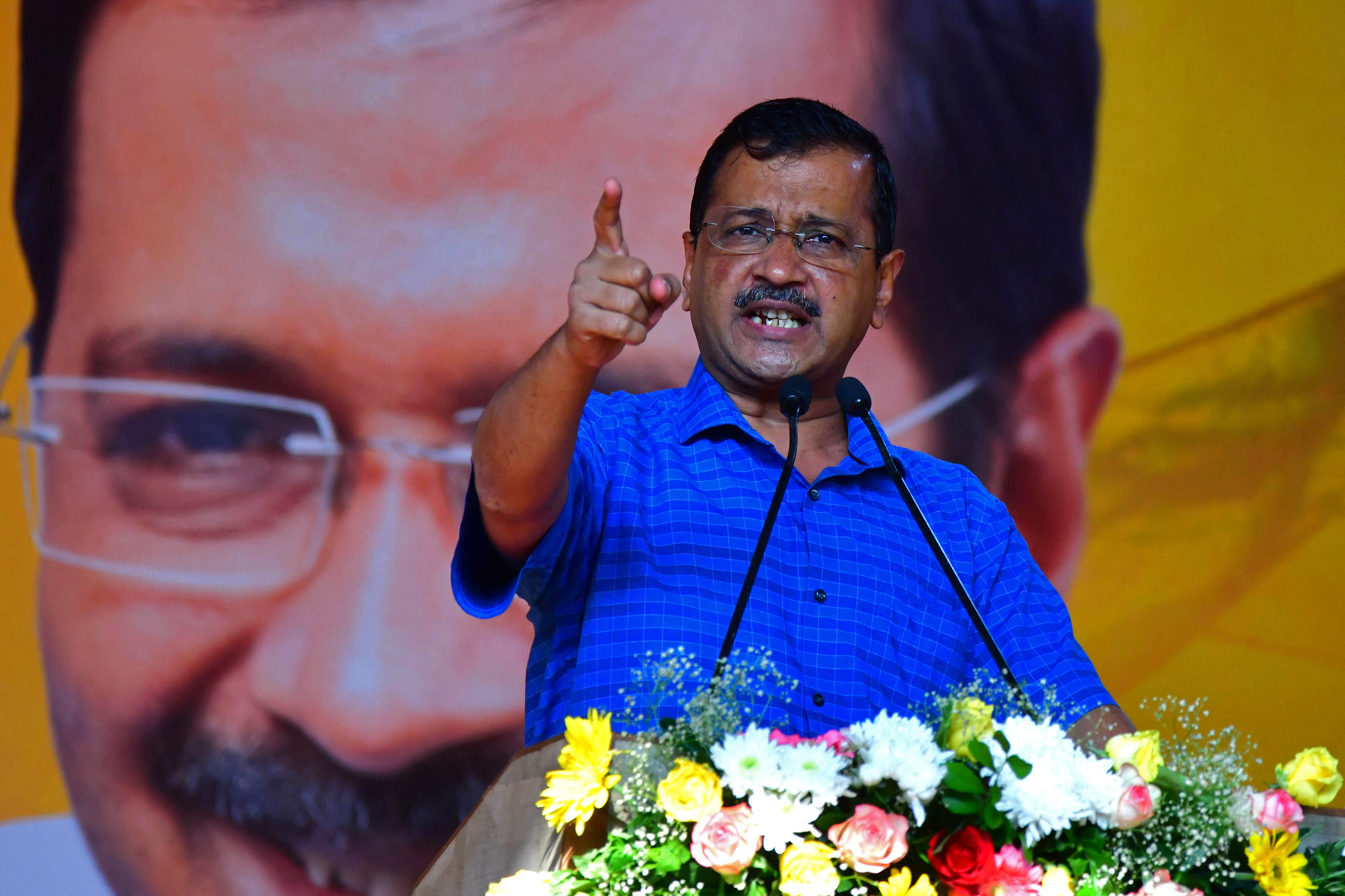 File. Delhi's chief minister Arvind Kejriwal speaks during a public rally in Guwahati on 2 April 2023. Indian authorities arrested prominent opposition politician and Delhi chief minister Arvind Kejriwal on 21 March 2024