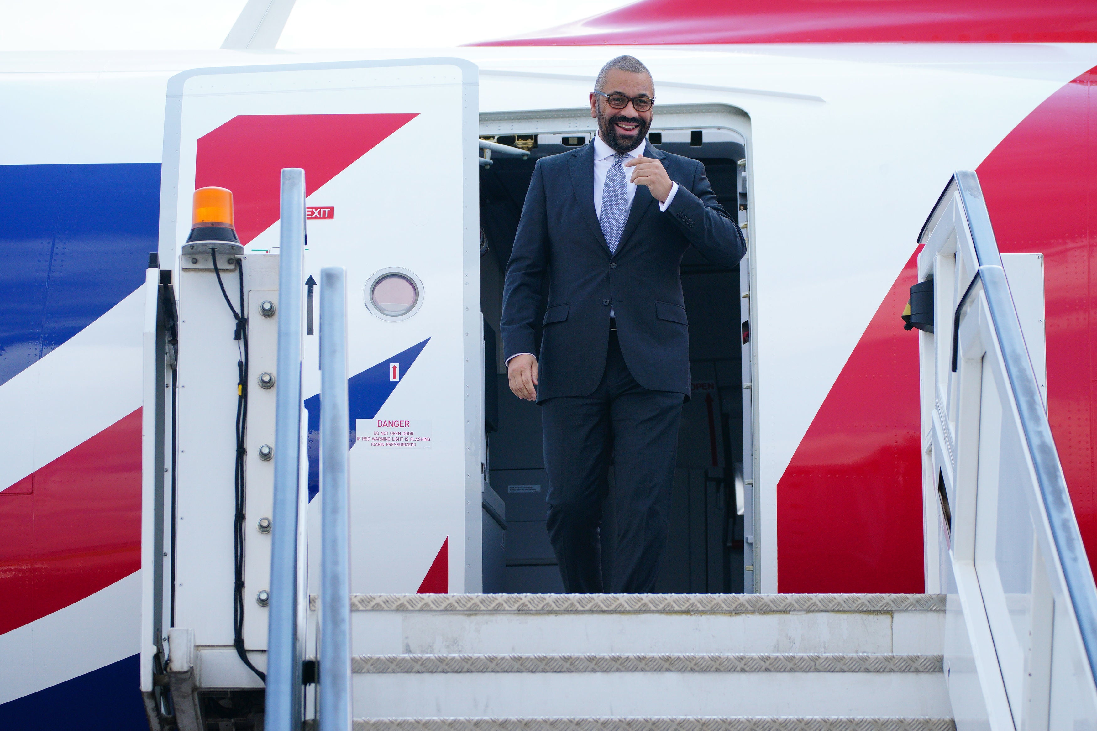 Home Secretary James Cleverly arrives at Kigali International Airport in Rwanda