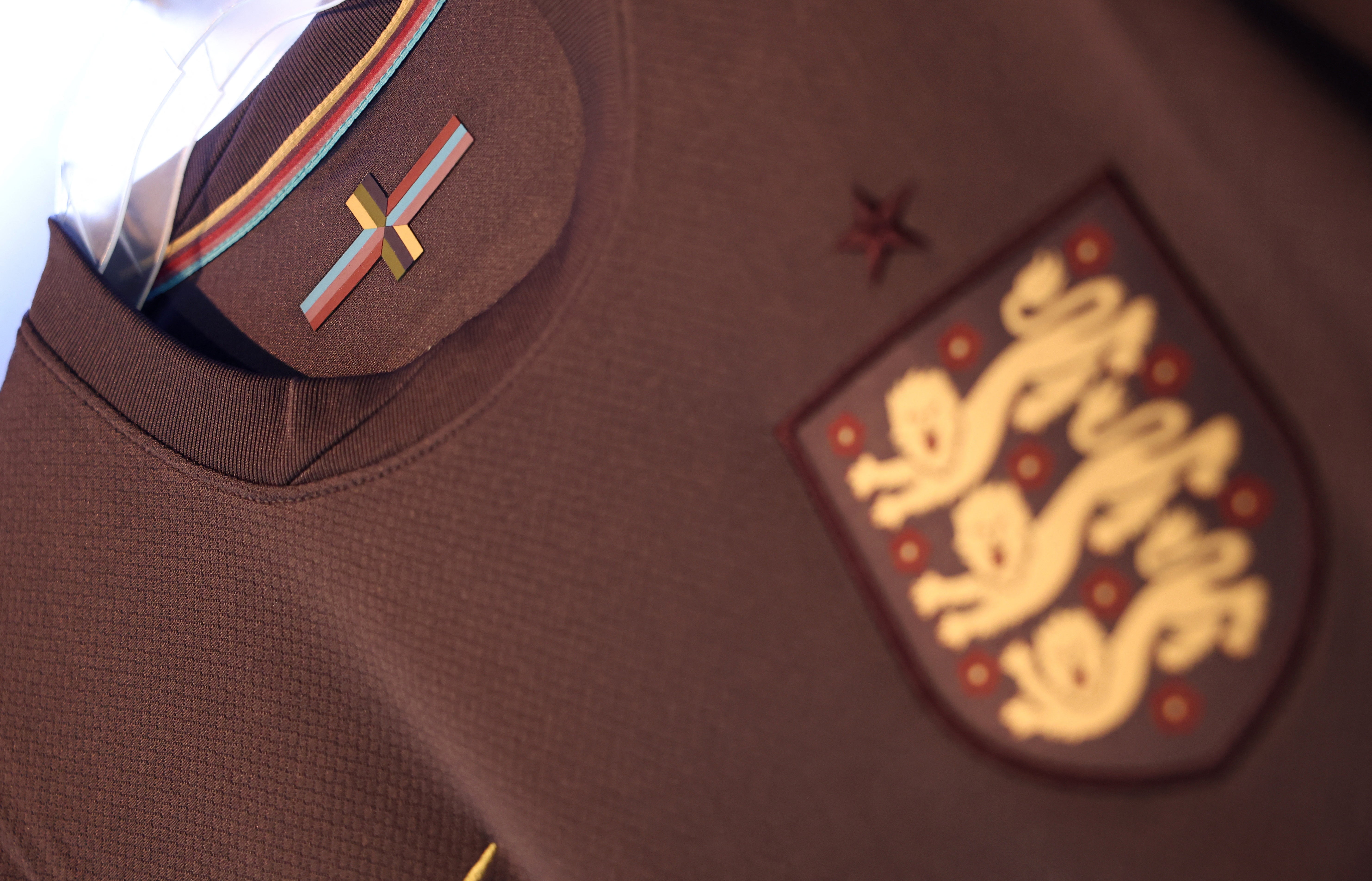 SA design of the St George’s Cross is seen on the new England football shirt on display in the Wembley shop