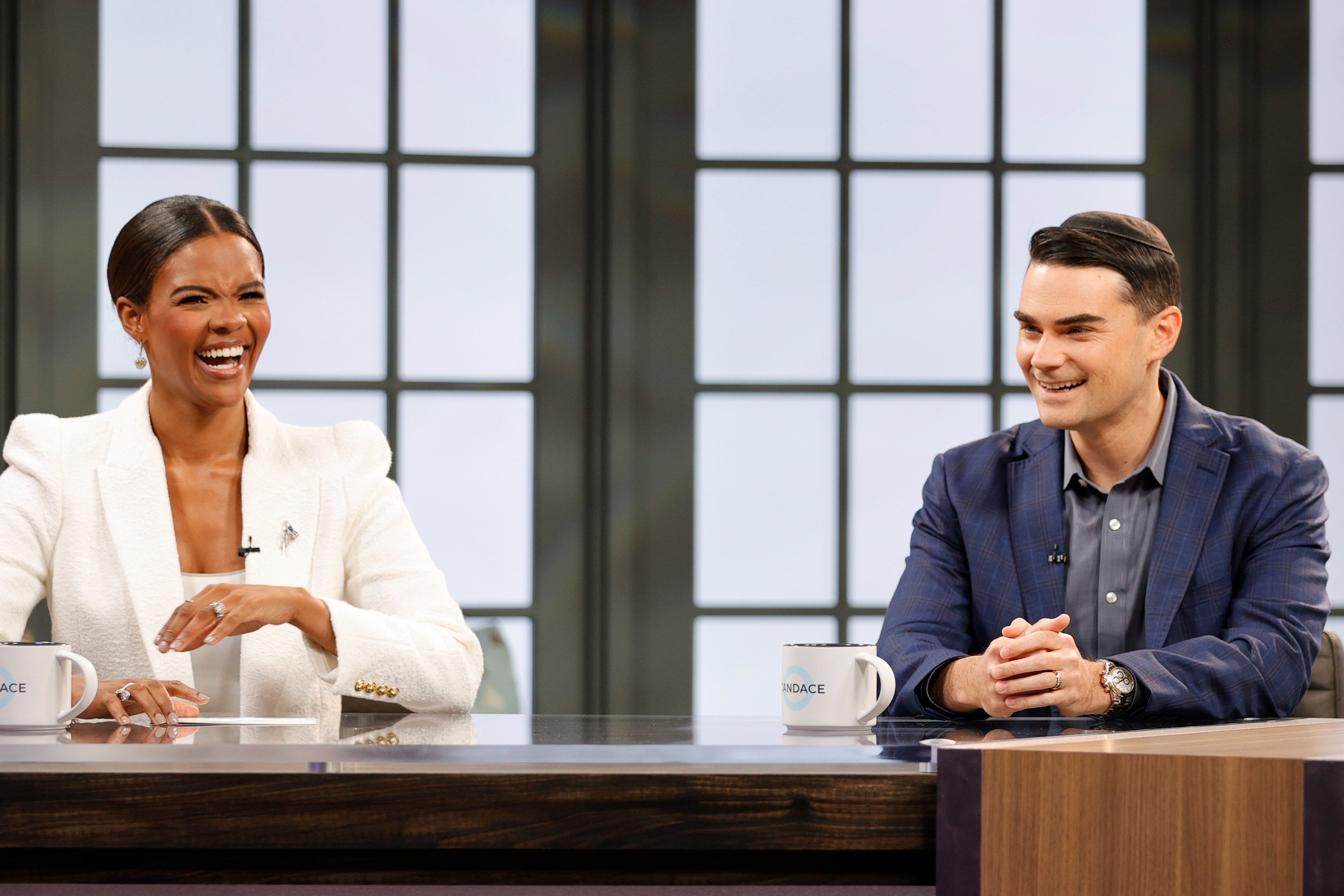 Author Candace Owens and American commentator Ben Shapiro are seen on set during a taping of "Candace" on March 17, 2021