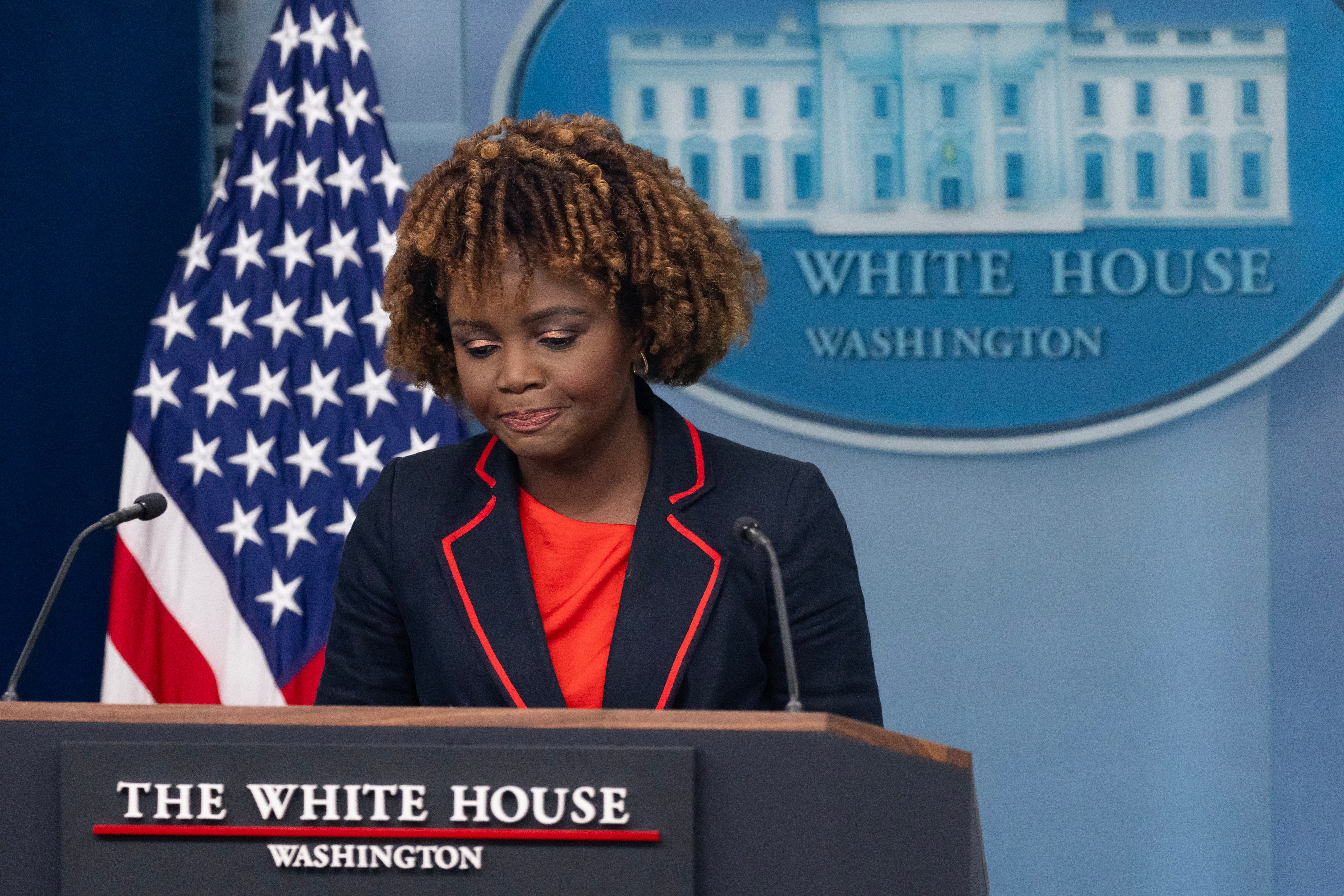 Press Secretary Karine Jean-Pierre briefed reporters moments after a man set himself on fire outside the Trump trial courthouse