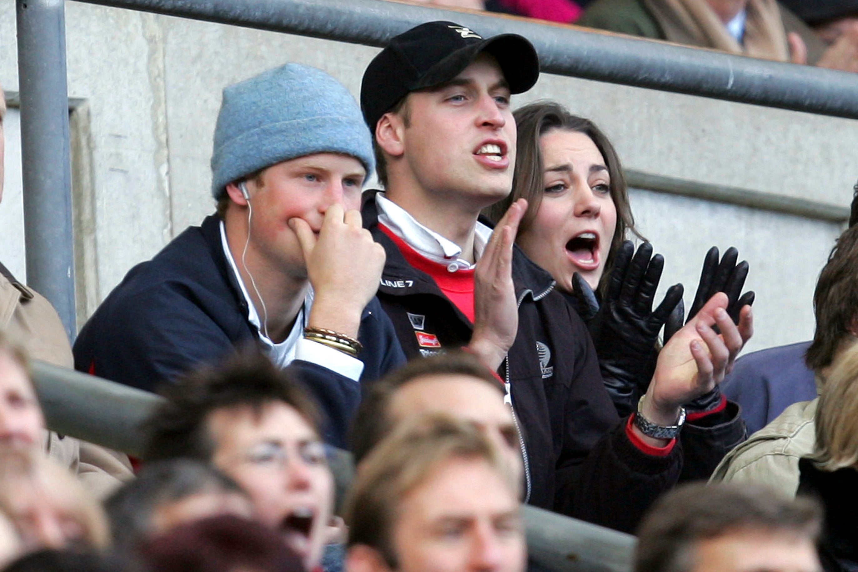 Prince William with his then-girlfriend Kate Middleton and Prince Harry watching rugby in 2007