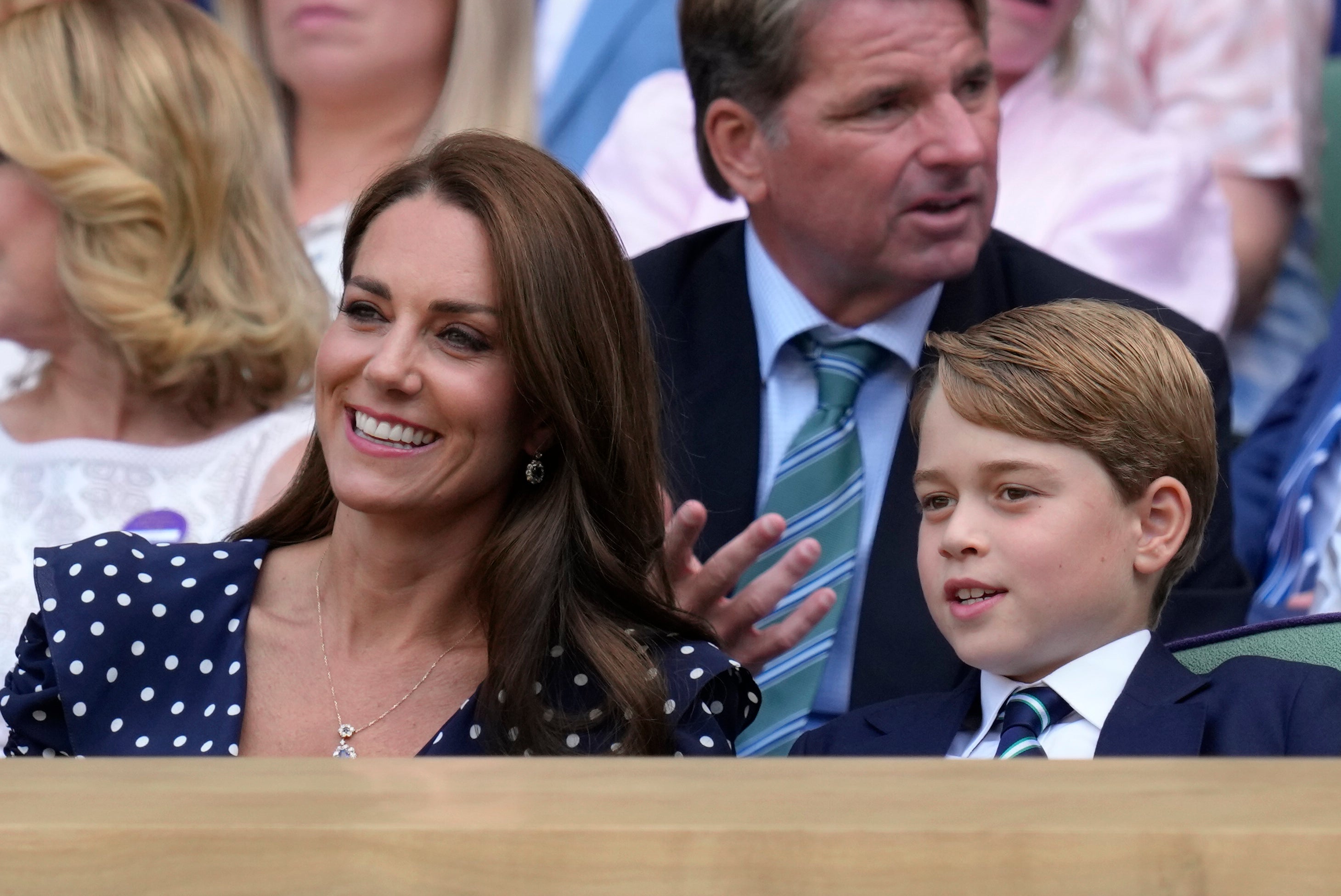 Britain's Kate, Duchess of Cambridge and Prince George are seen in the royal box before the final of the men's singles on day fourteen of the Wimbledon tennis championships in London, Sunday, 10 July 2022.