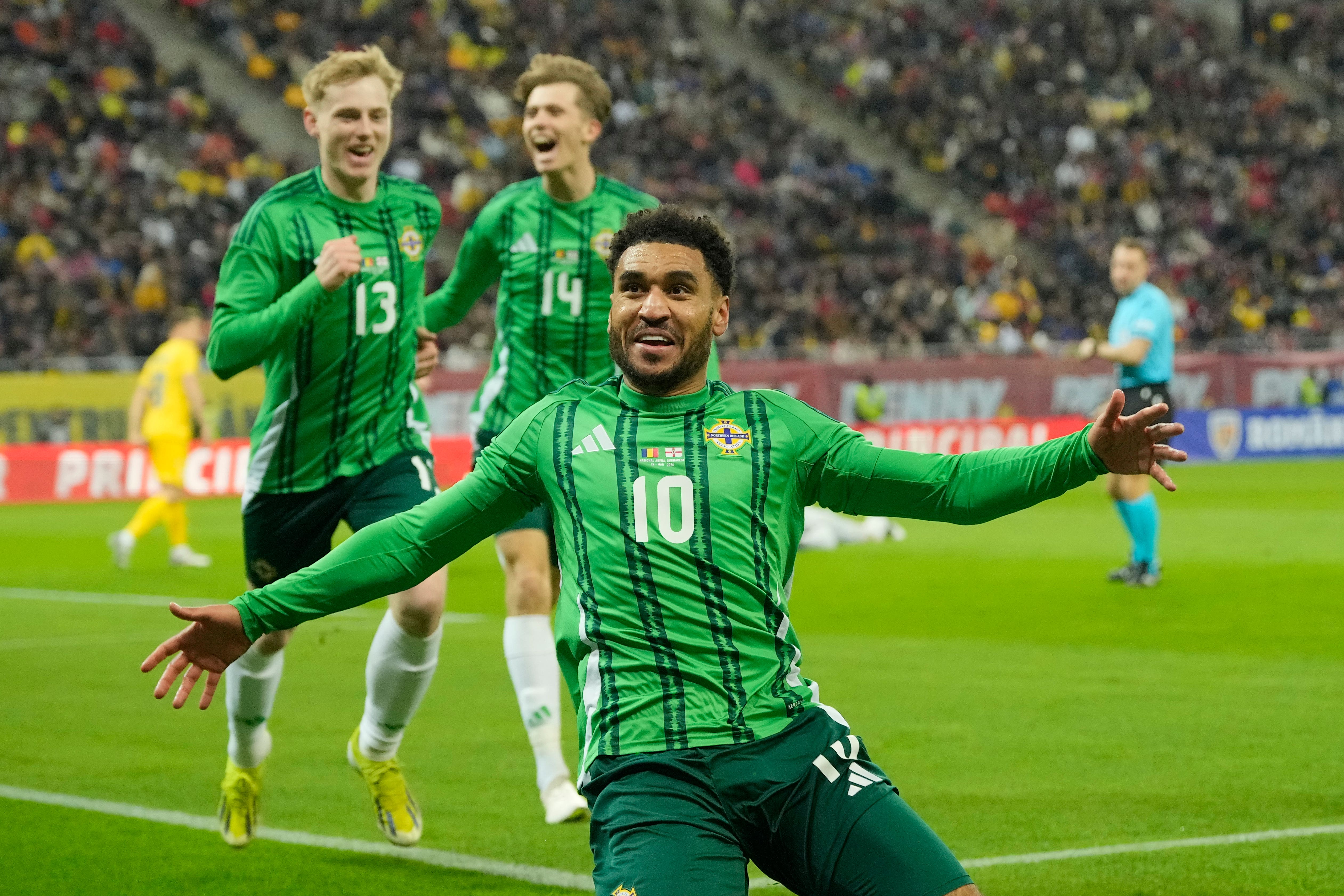 Northern Ireland’s Jamie Reid celebrates his goal (Andreea Alexandru/AP).