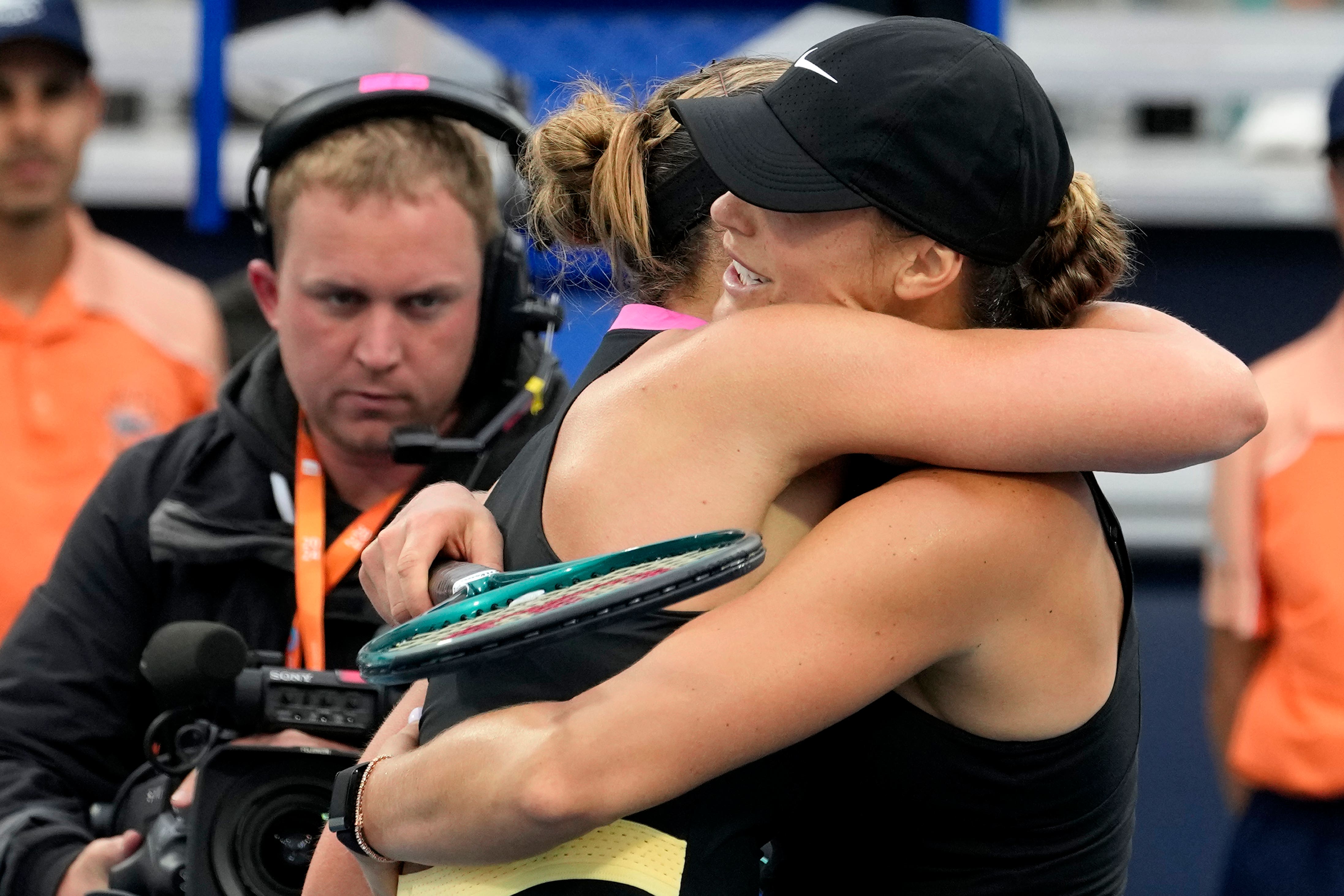 Aryna Sabalenka, right, embraces Paula Badosa after their match in Miami (Lynne Sladky/AP)