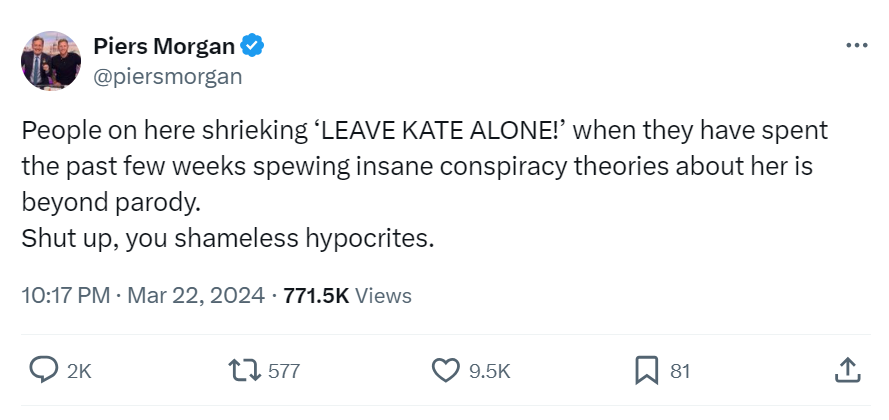 Piers Morgan shares a message about Kate sympathisers on X