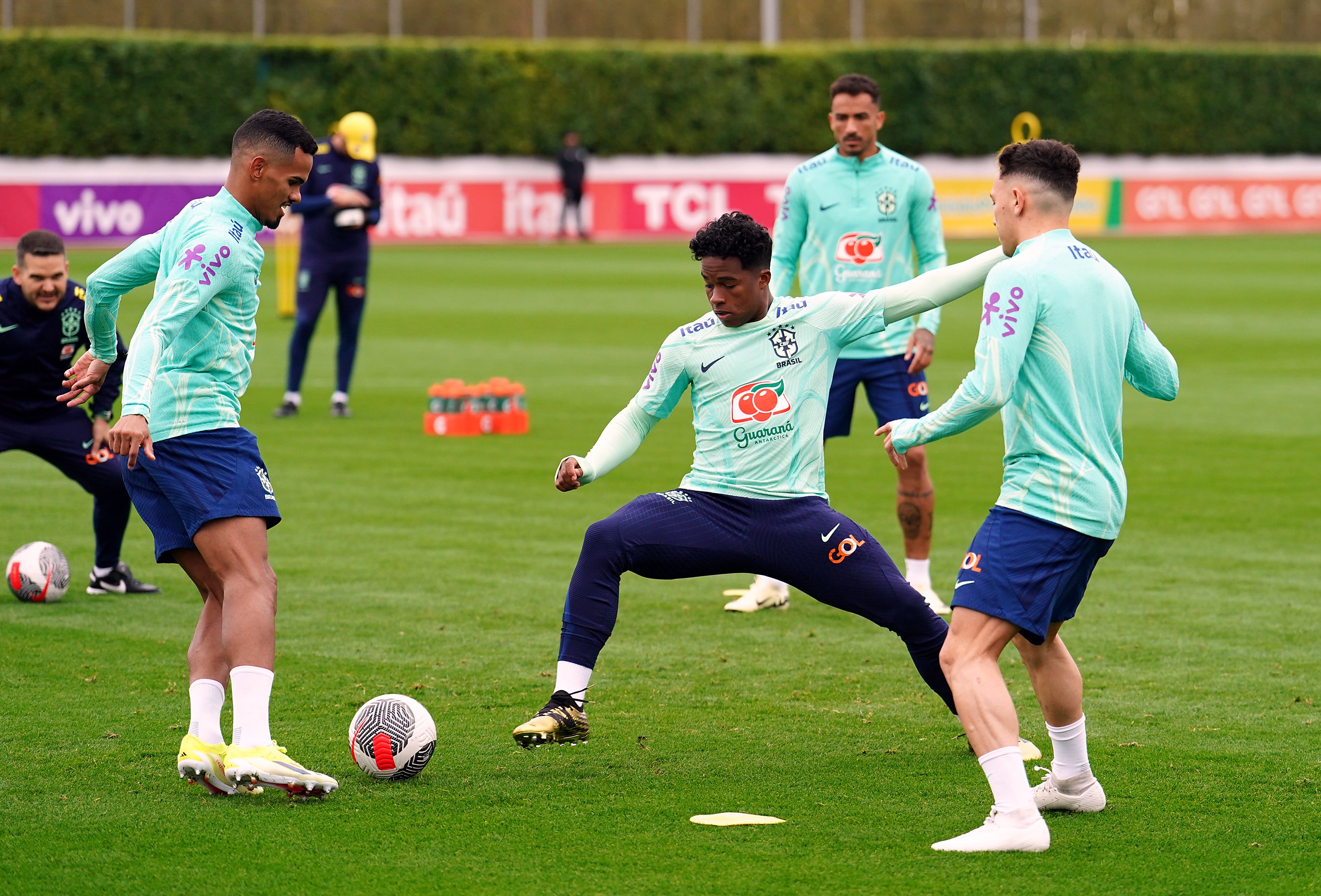 Endrick, centre, in training for Brazil this week