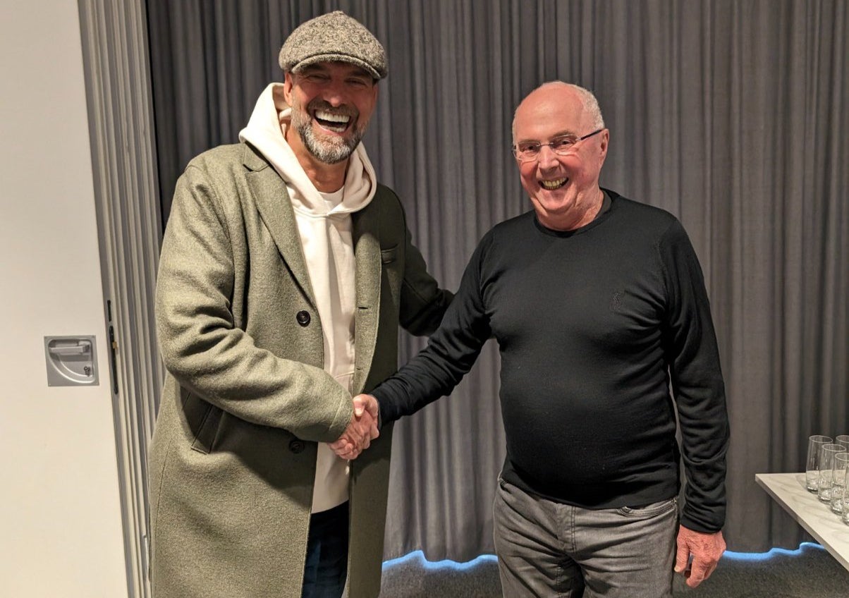 Jurgen Klopp meets with Sven-Goran Eriksson before the charity match at Anfield