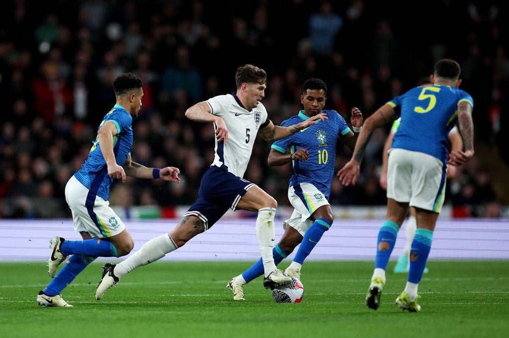 Stones in action against Brazil at Wembley