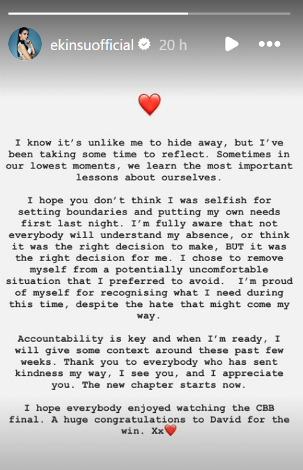 Ekin-Su issued a statement about missing the Celebrity Big Brother final on Instagram