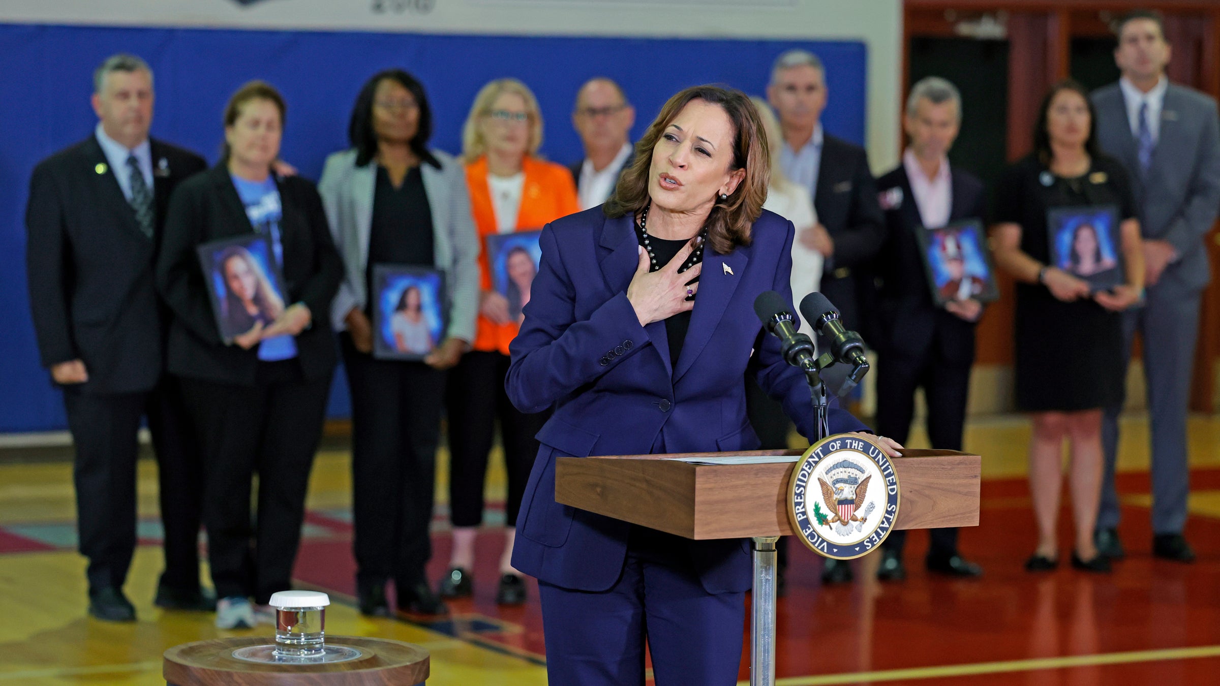 Vice President Kamala Harris speaks to media at Marjory Stoneman Douglas High School