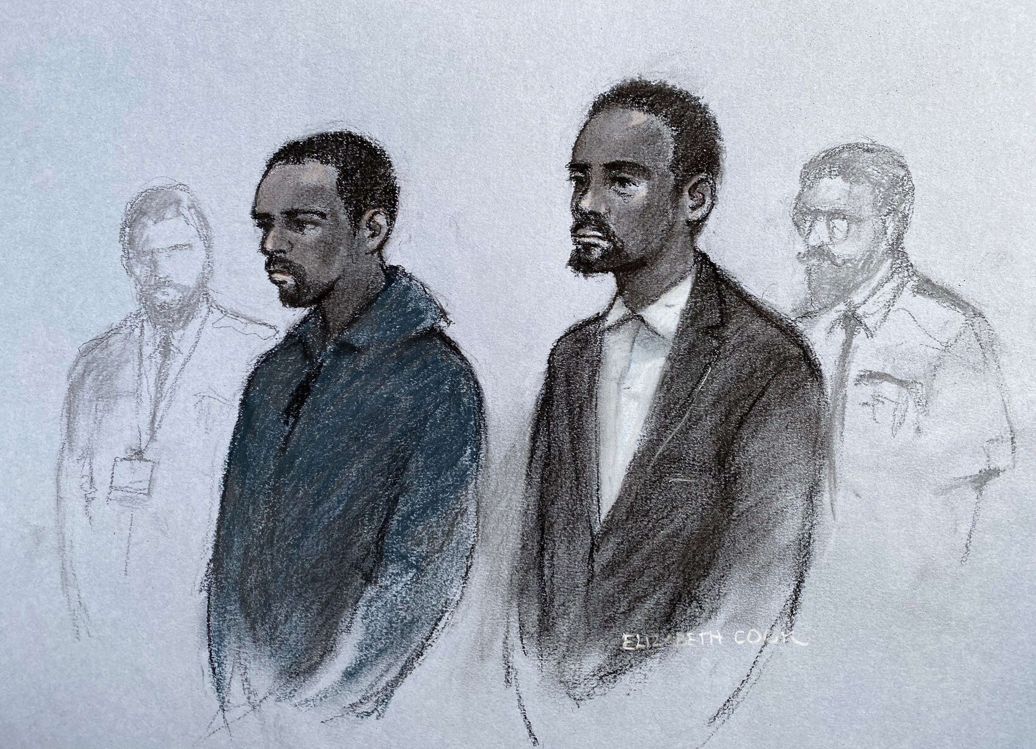 Court artist sketch by Elizabeth Cook of Remy Gordon (left) and Kami Carpenter