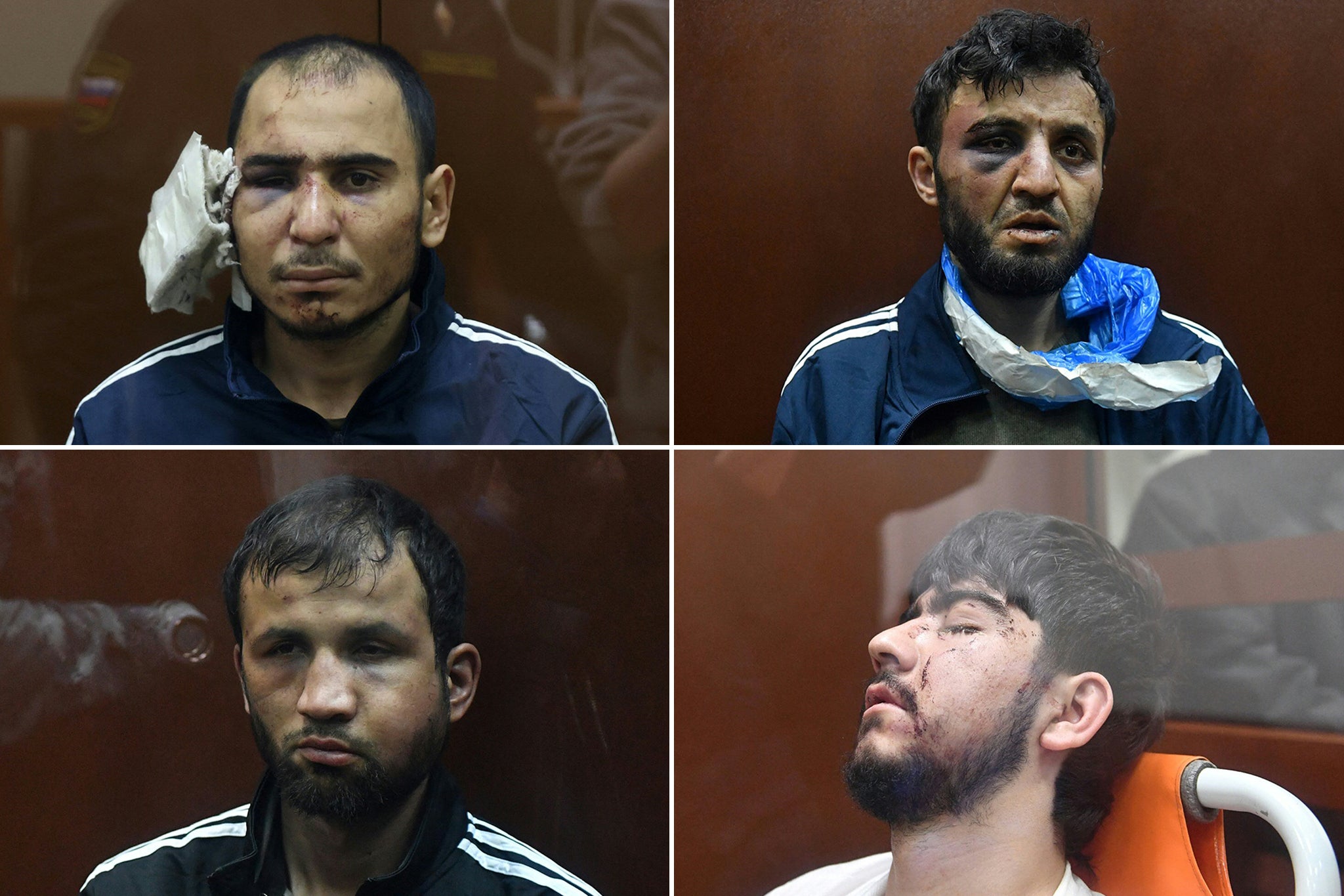<p>The suspects, clockwise from top left: Murodali Rachabalizoda, Dalerdzhon Mirzoyev, Muhammadsobir Fayzov and Shamsidi Fariduni, appear in court</p>