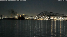 Moment Key Bridge in Baltimore collapses into water after being hit by cargo ship