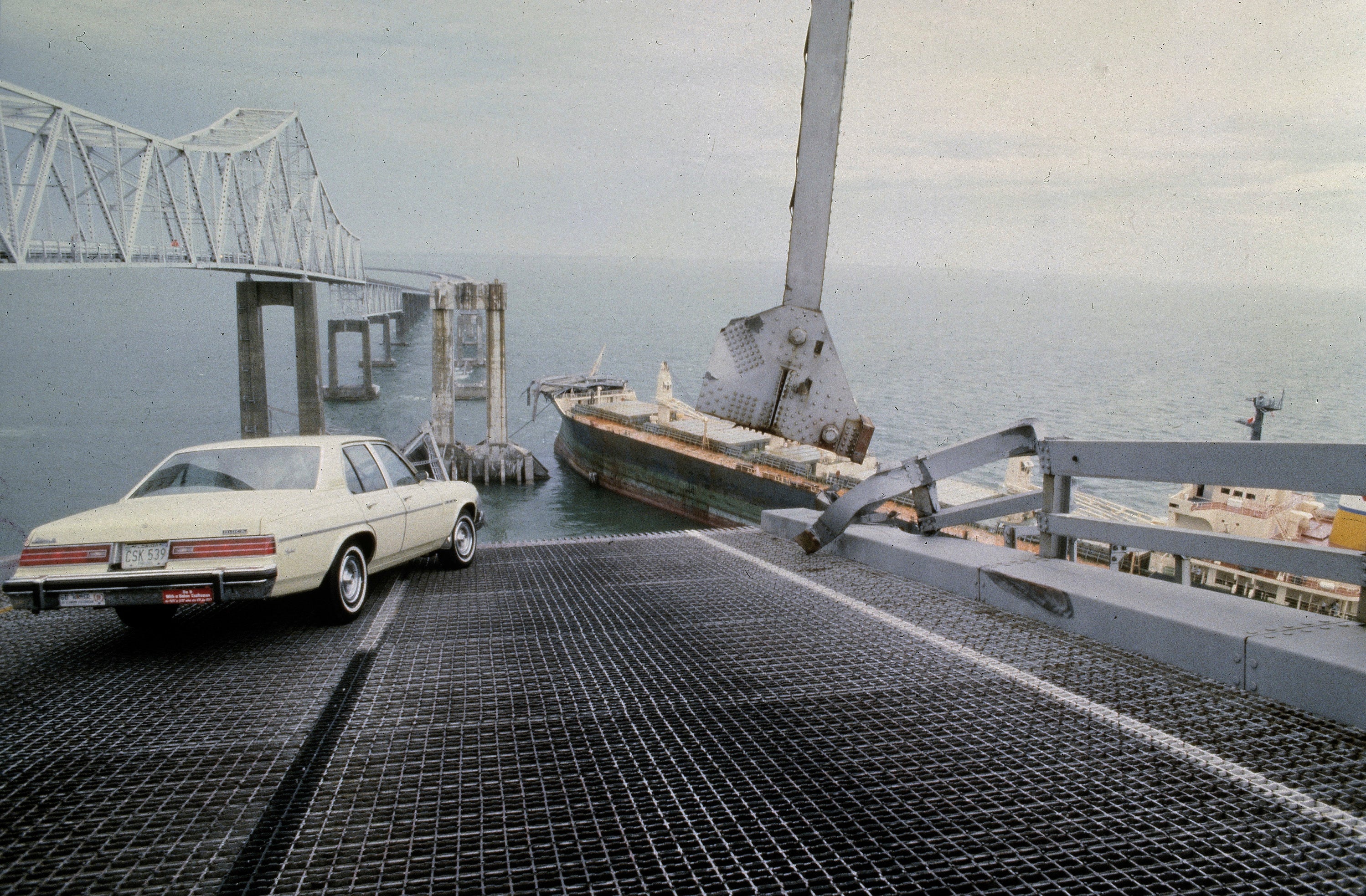 FILE - A car is halted at the edge of the Sunshine Skyway Bridge across Tampa Bay