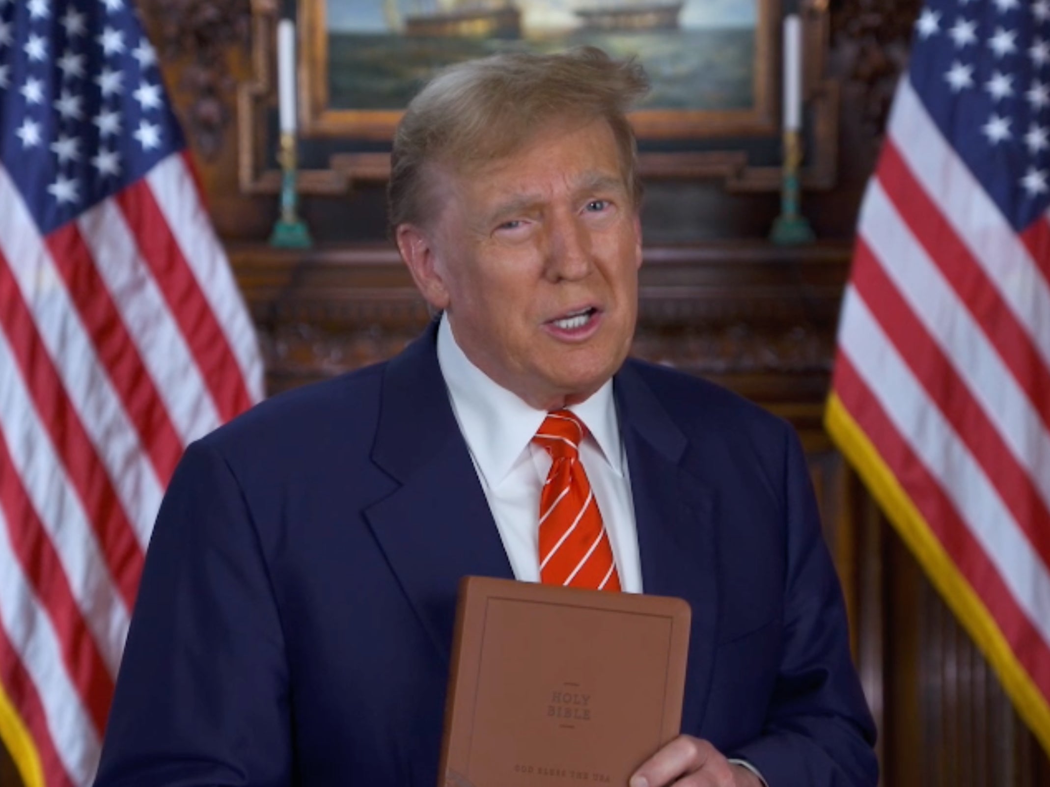 Donald Trump in an ad for the ‘God Bless the USA’ Bible on Truth Social. A copy hand-signed by the president sells for $1,000 though Trump has also not disclosed how much he earns per sale