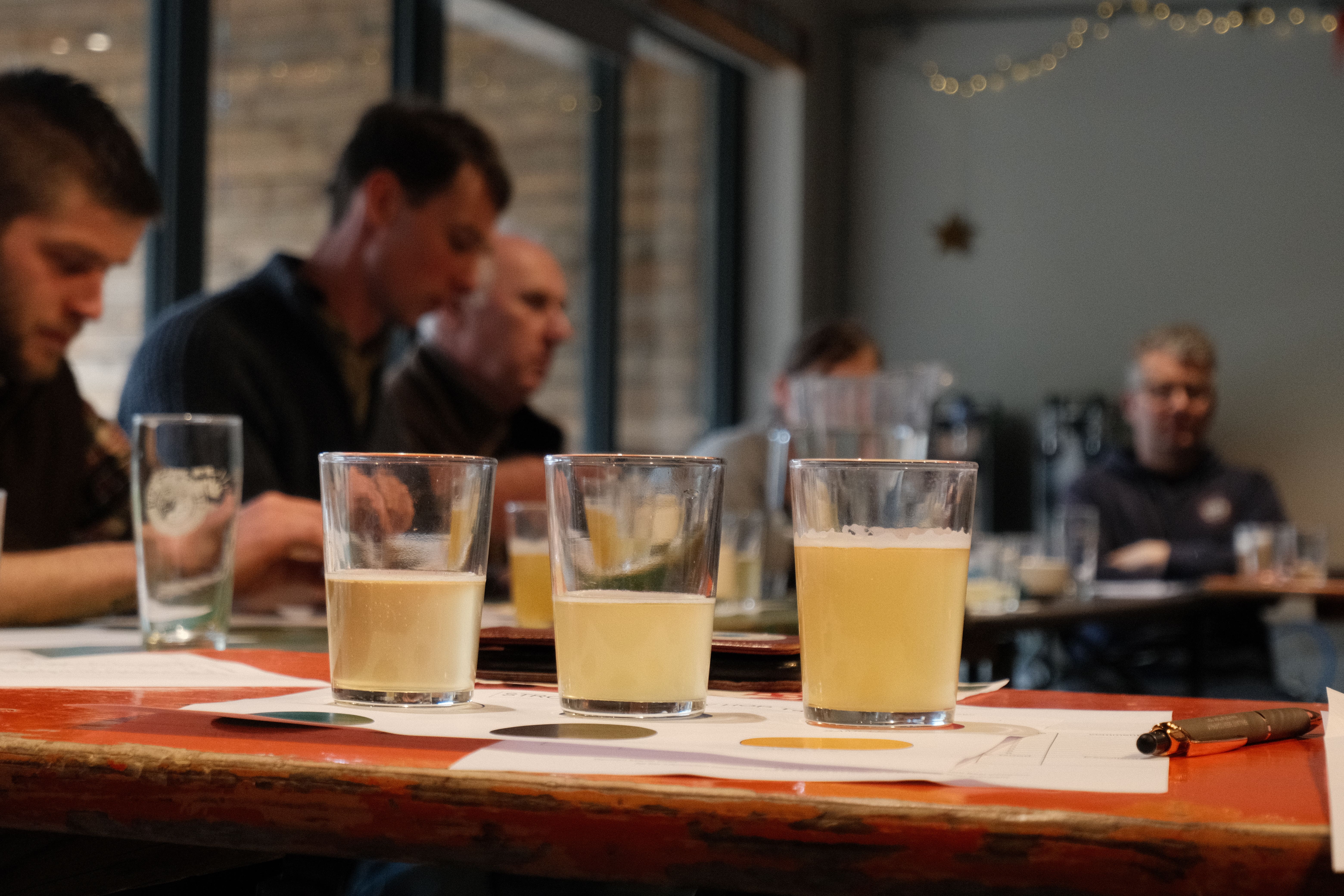 Three beers made from new hops varieties during a tasting trial at Stroud Brewery, Stroud, Gloucestershire (Sam Oliver/Stroud Brewery/PA)