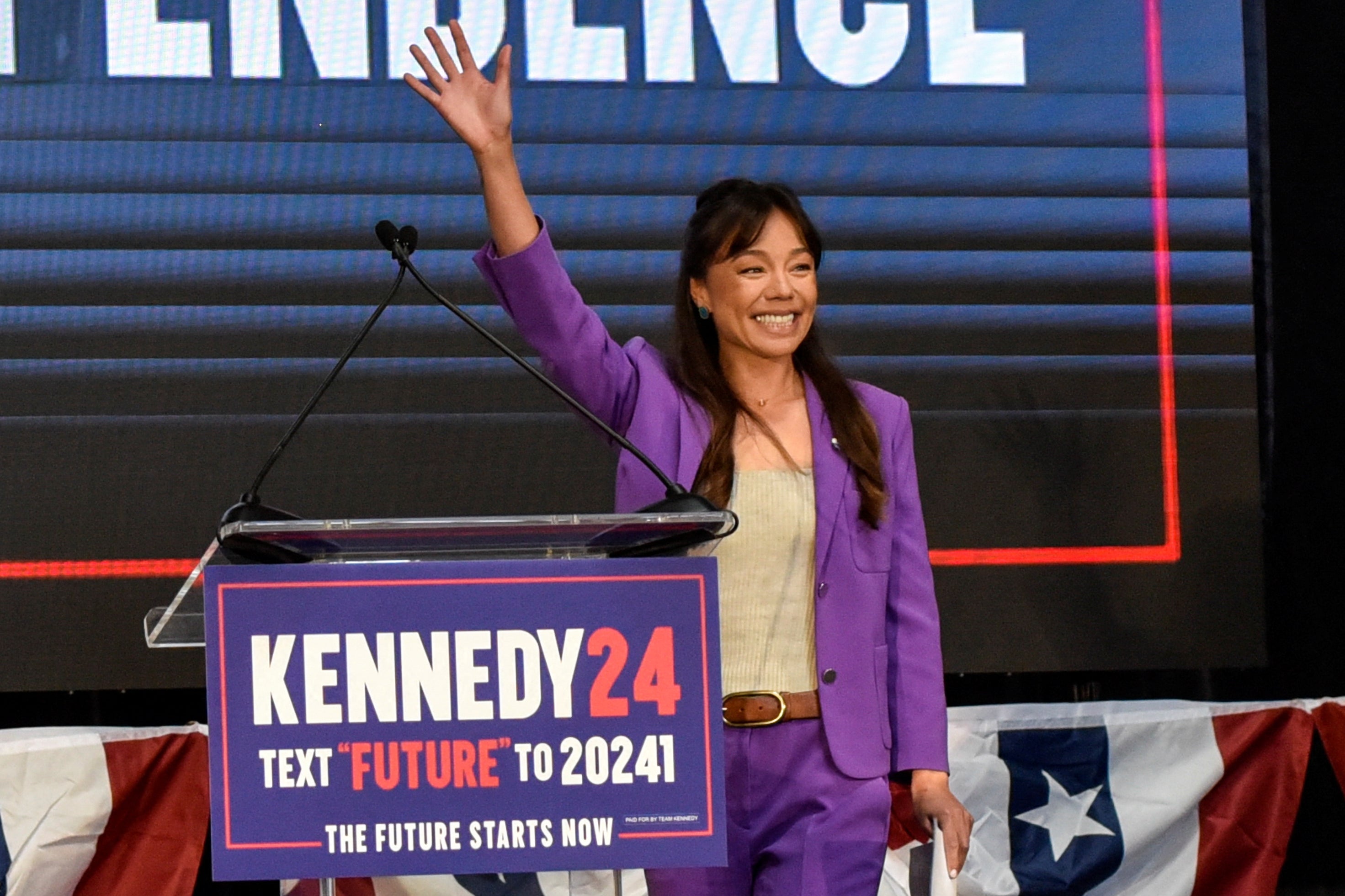 Nicole Shanahan greets people as she is announced as the vice presidential candidate of independent presidential candidate RFK Jr