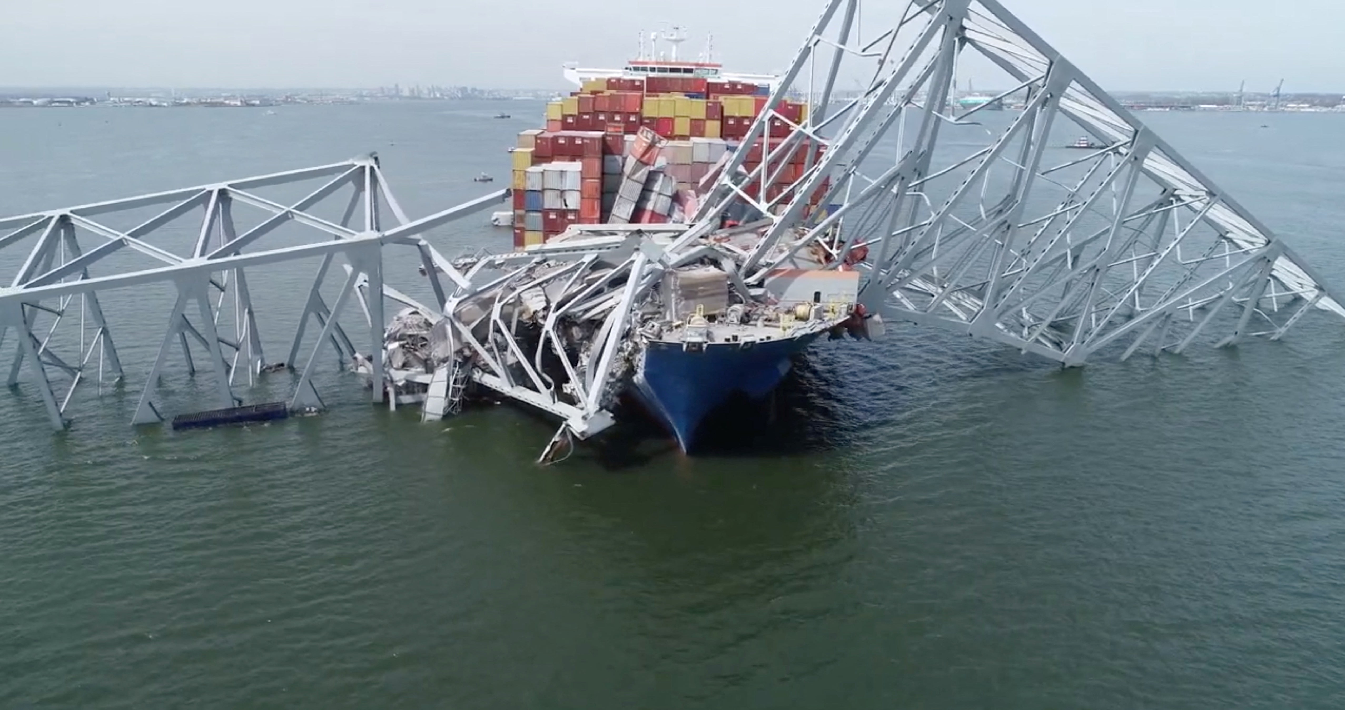 A drone view of the Dali cargo vessel, which crashed into the Francis Scott Key Bridge causing it to collapse, in Baltimore