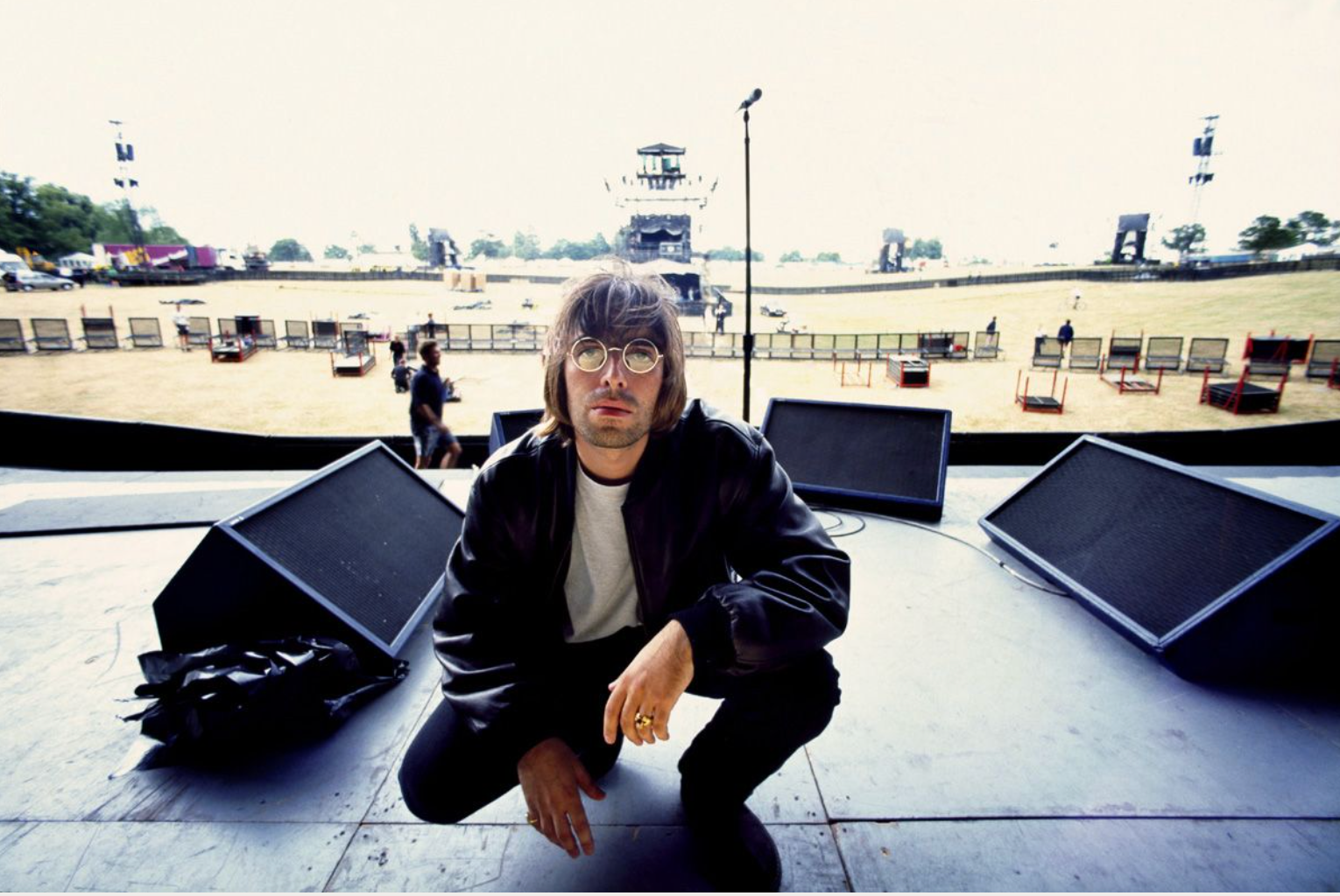 Jill Furmanovsky’s shot of Liam Gallagher at rehearsals for Oasis’s Knebworth shows , 1996