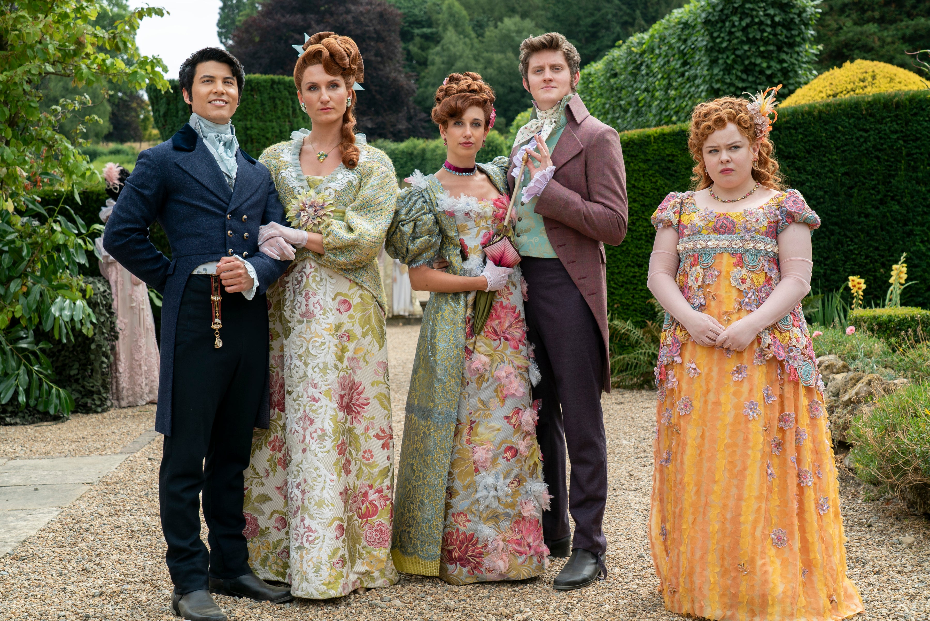 Picture perfect: Bessie Carter (second from the left) as the uppity Prudence Featherington in ‘Bridgerton’