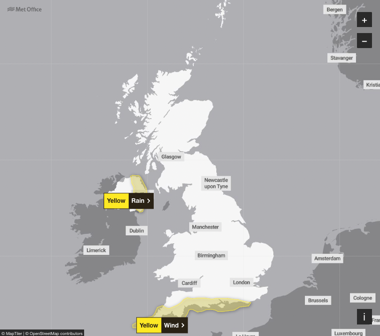 There are two weather warnings in place for Thursday