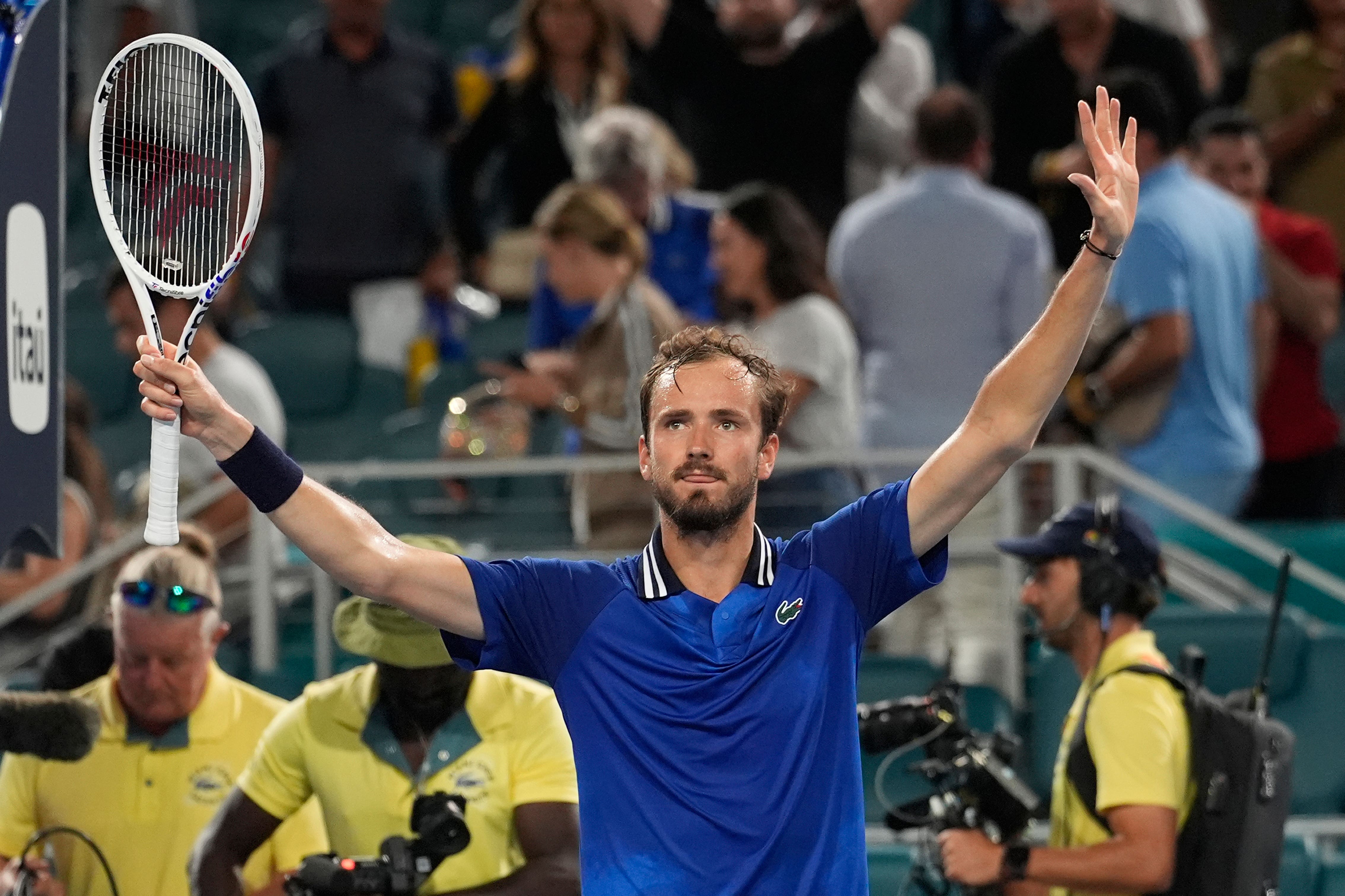 Daniil Medvedev gestures to the crowd after defeating Nicolas Jarry (Marta Lavandier/AP)