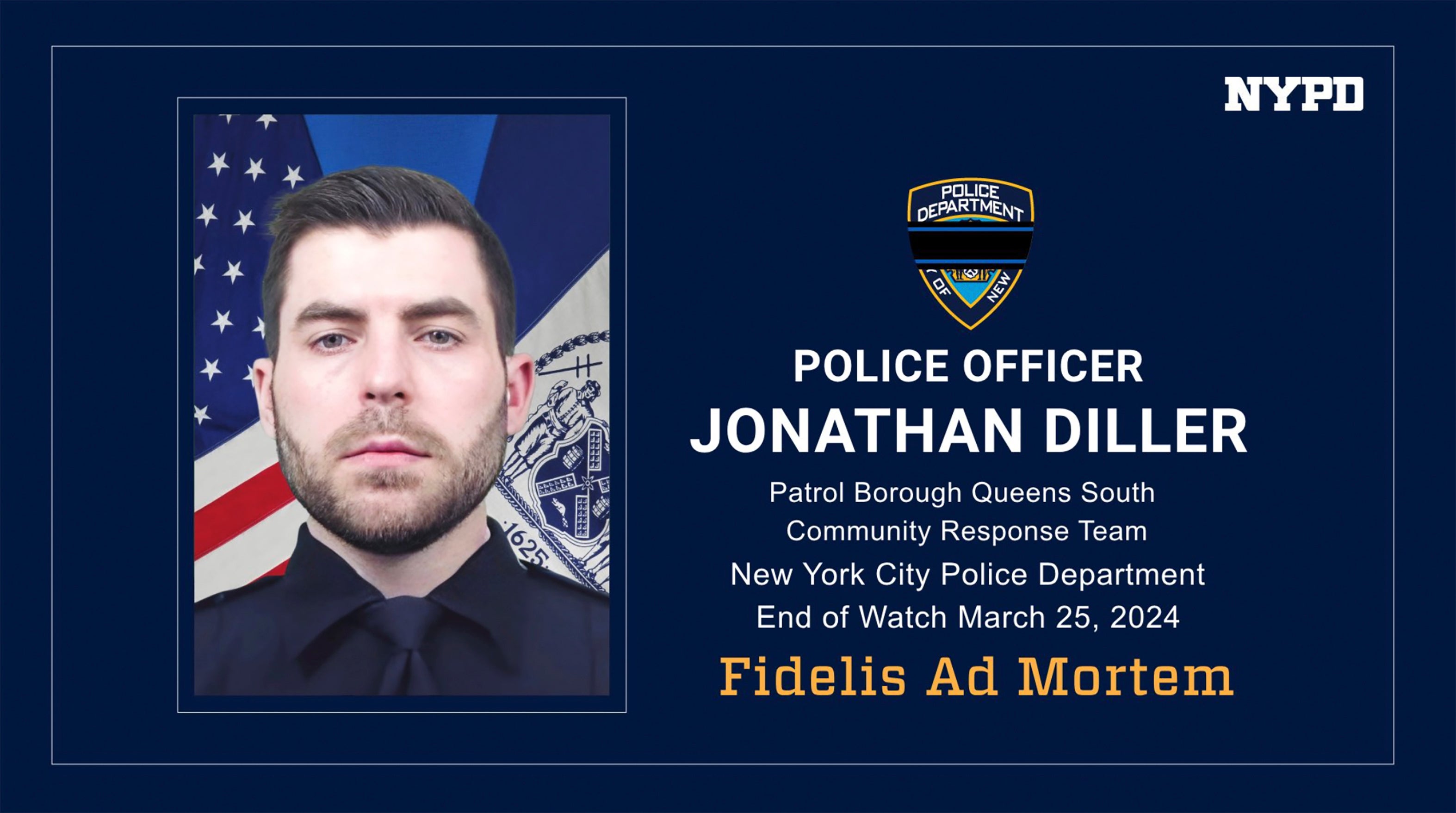 This photo provided by the New York City Police Department shows police officer Jonathan Diller, who was killed in the line of duty on Monday 25 March