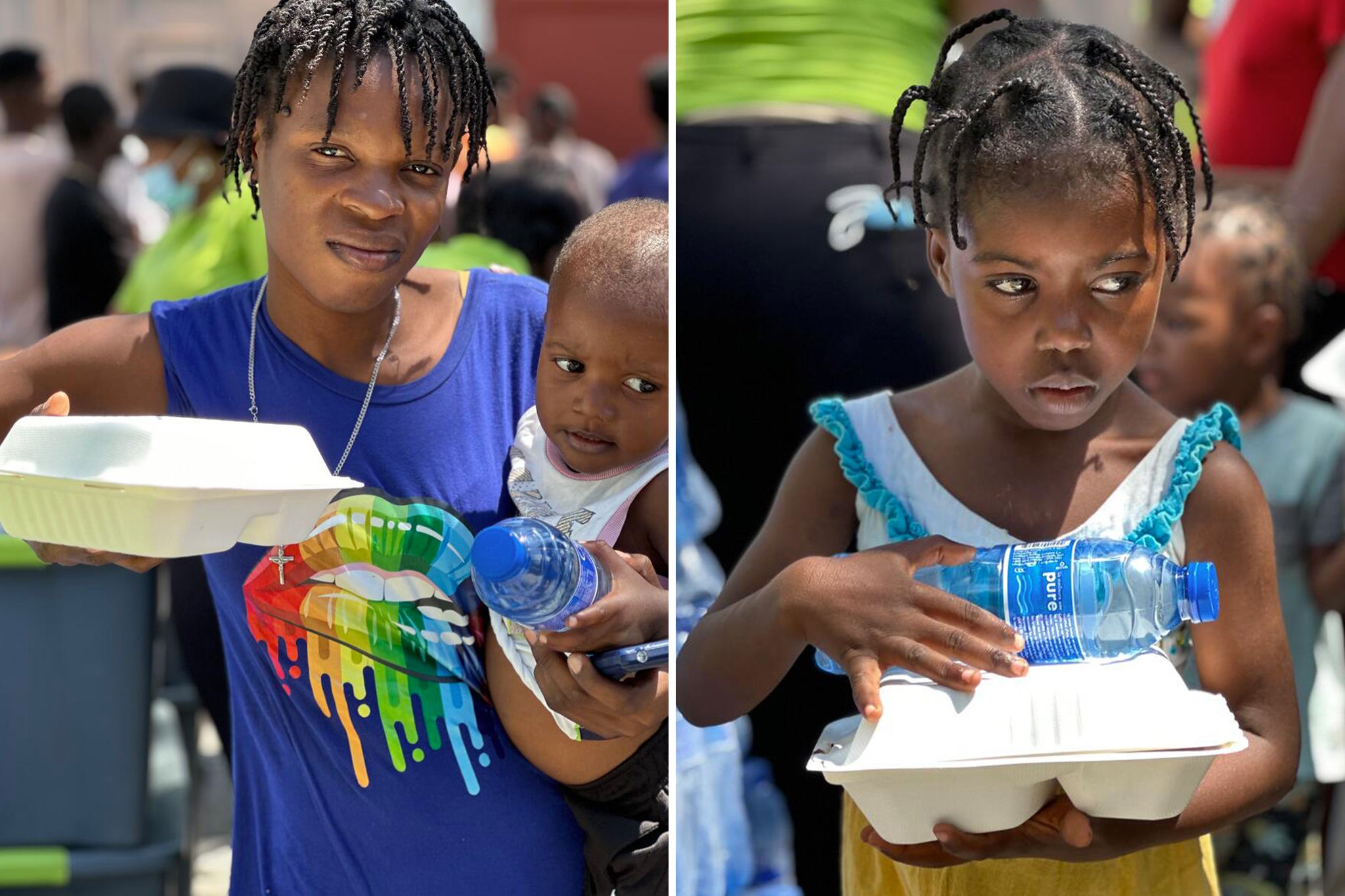 Dovilien My Love (left) with her child Laurance Fleristalle, and six-year-old Ainara receive hot meals and water from the WFP