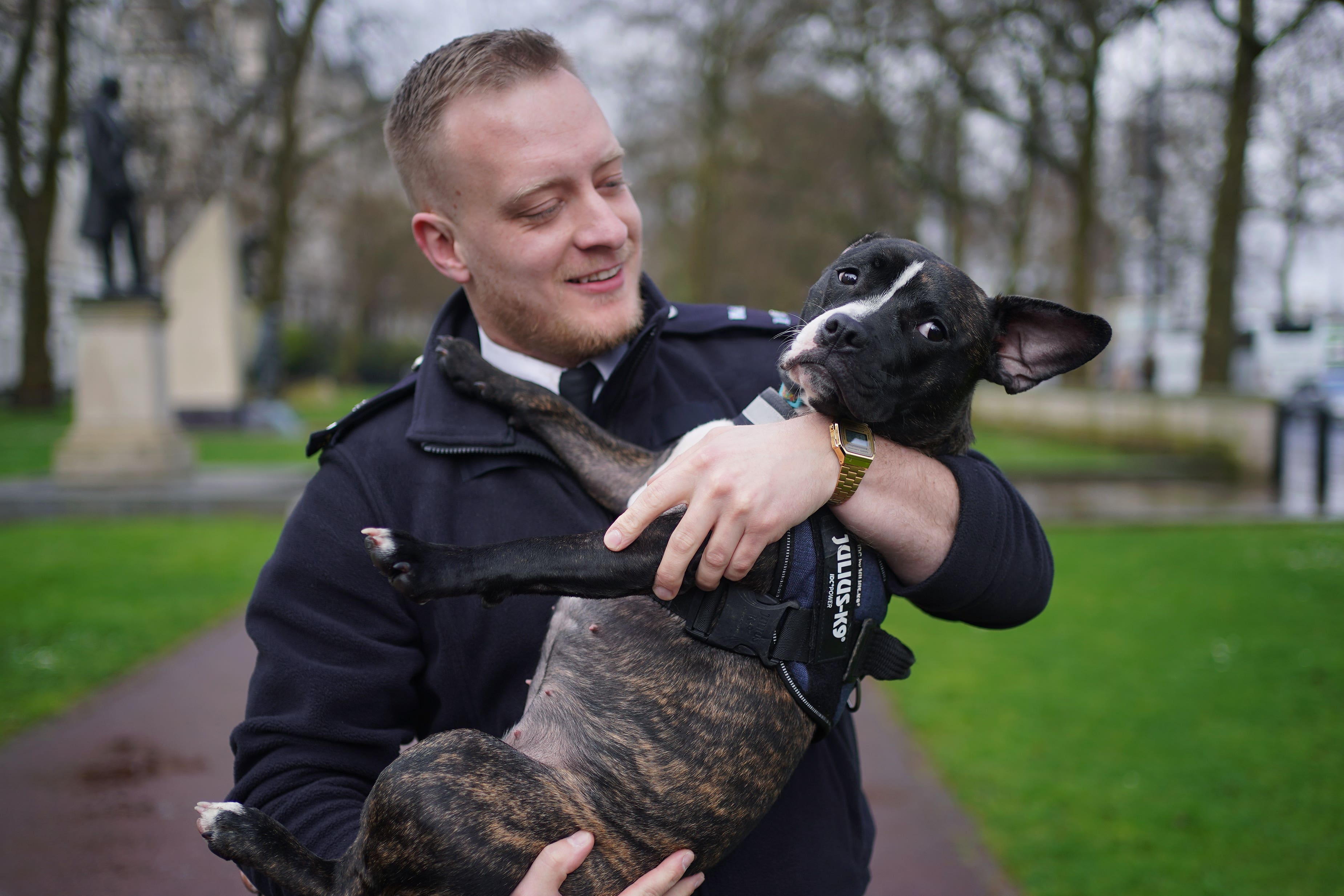 Staffie cross Stella with Metropolitan Pc Joe Allen (Yui Mok/PA)